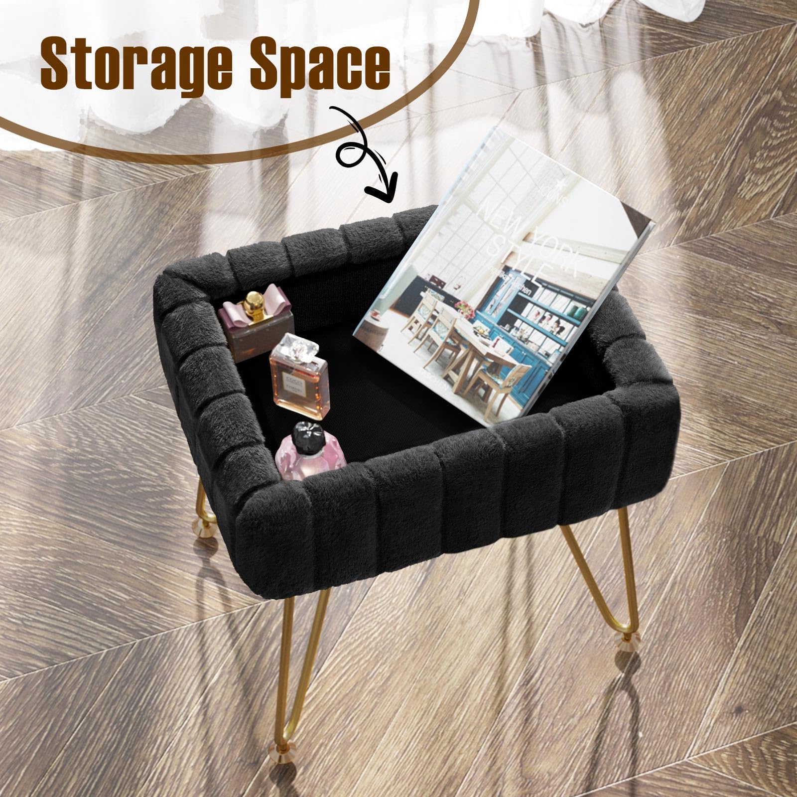Greenstell Vanity Stool Chair Faux Fur with Storage, 19.4" H x 15.7" L x 11.8" W Soft Ottoman 4 Metal Legs with Anti-Slip Feet, Furry Padded Seat, Modern Multifunctional Chairs for Makeup, Bedroom