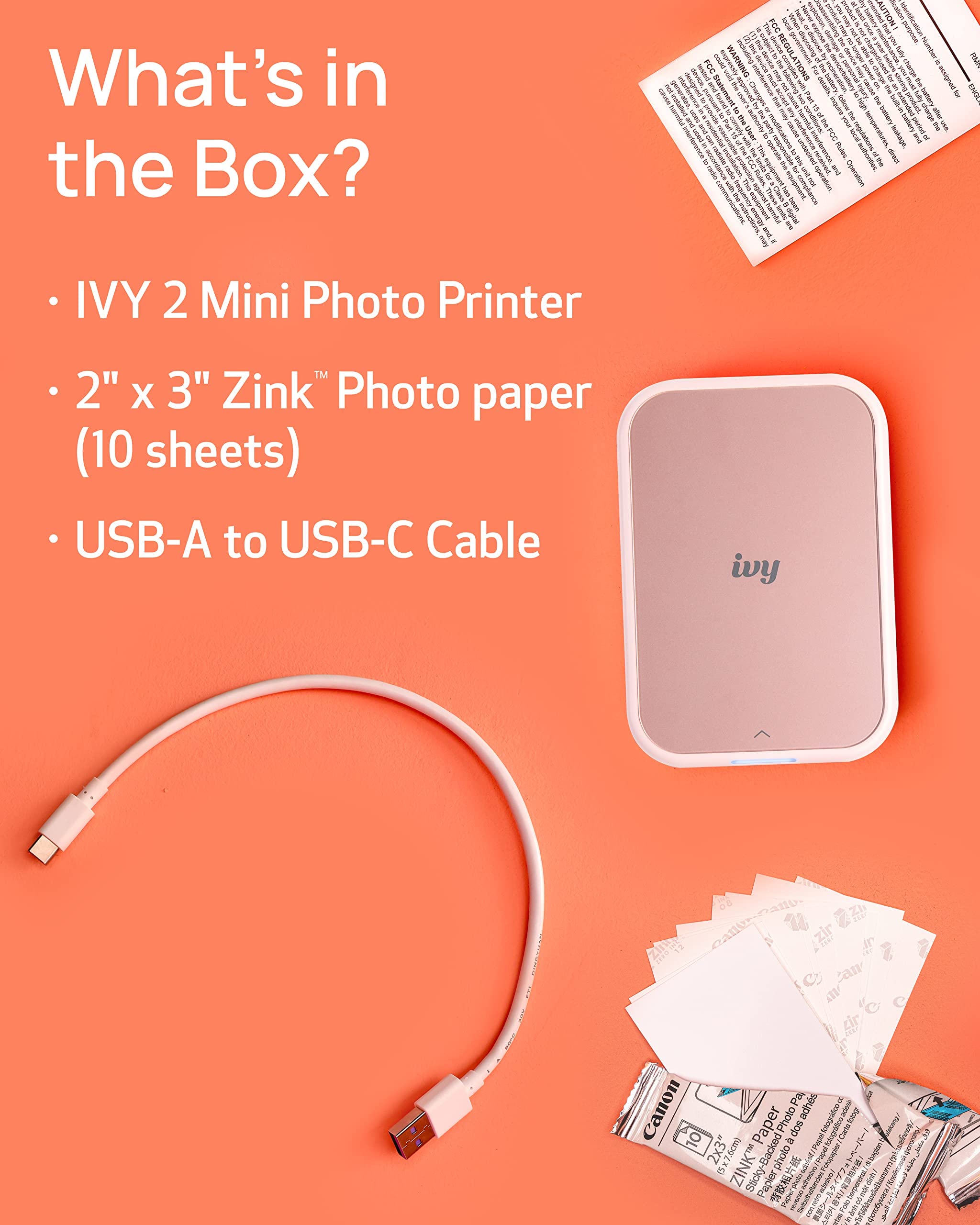 Canon Ivy 2 Mini Photo Printer, Print from Compatible iOS & Android Devices, Sticky-Back Prints, Pure White
