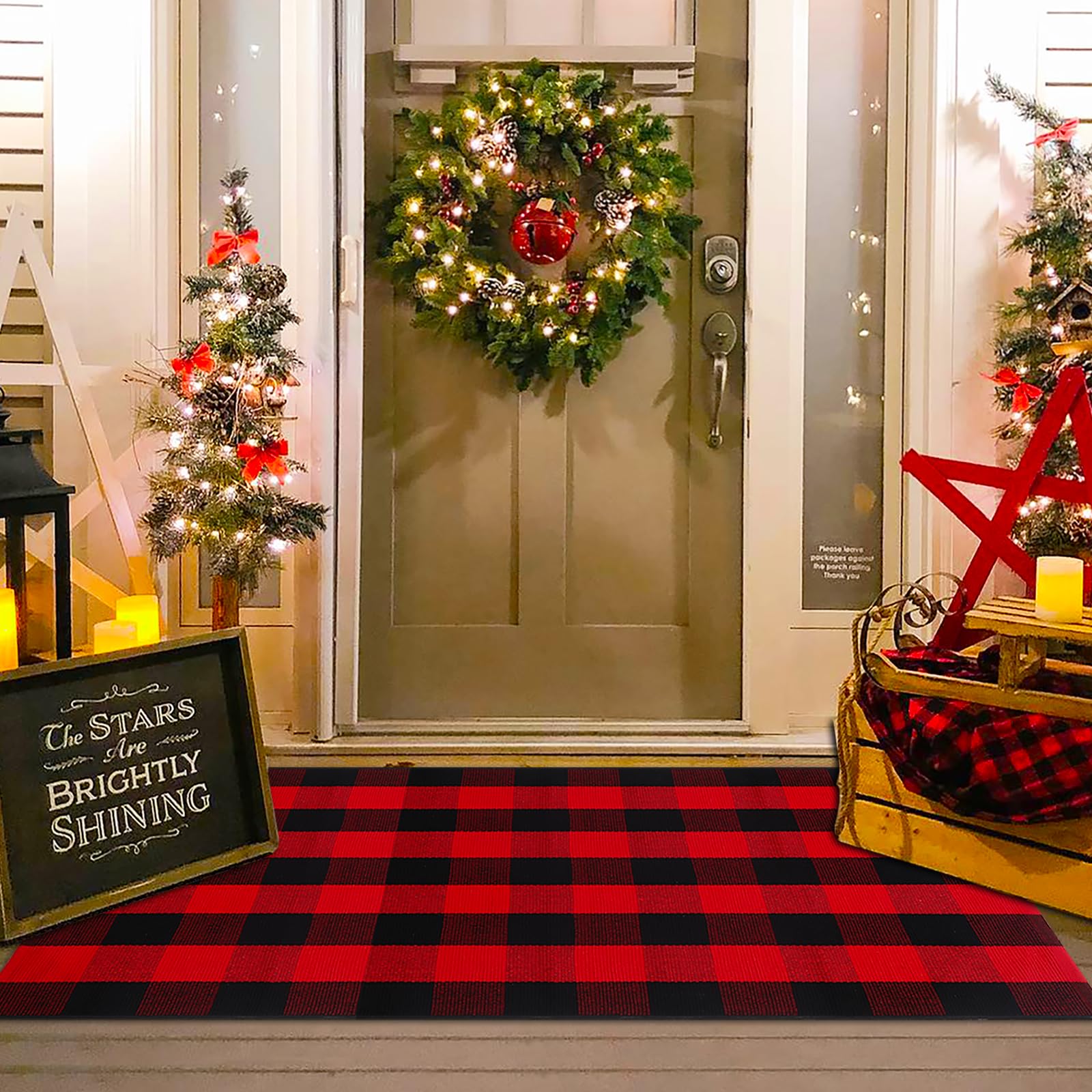 Christmas Red and White Plaid Rug - 28 x 43 Inches Outdoor Front Door Decor Mat Cotton Washable Hand-Woven Rug Christmas New Year Holiday Porch Entryway Layered Doormat