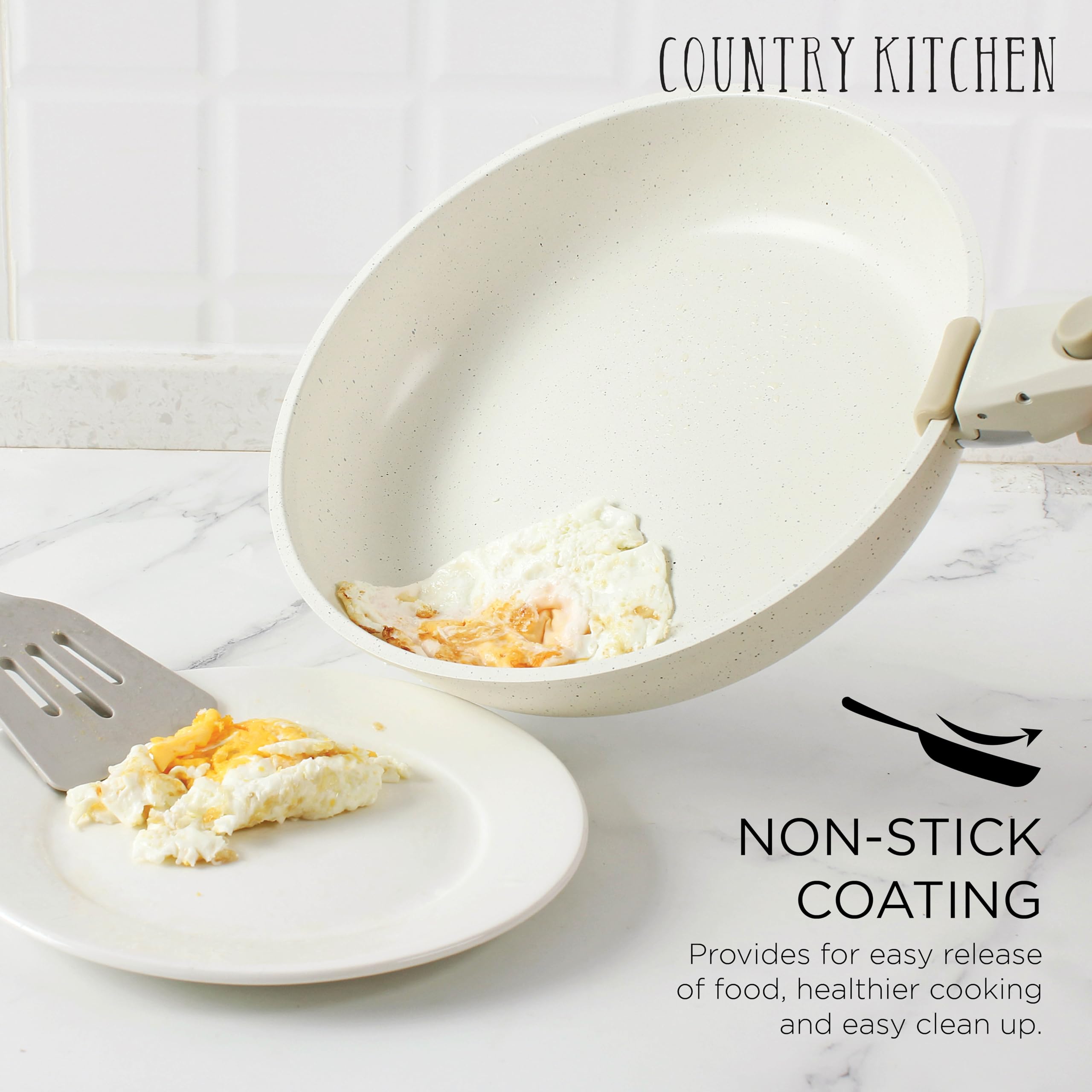 Country Kitchen Cookware Set with Removable Handle, Oven & RV Safe Pots and Pans Set, Cream, Deluxe Larger Set