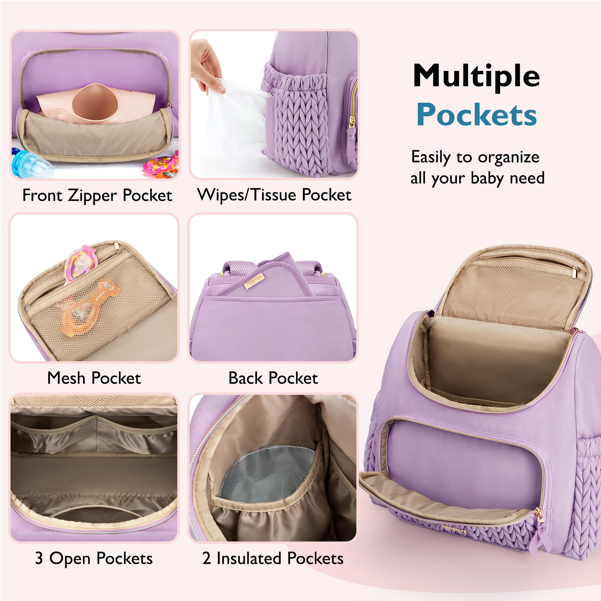 mommore Diaper Bag Small Diaper Backpack Stylish Baby Backpacks Travel Mini Maternity Bags with Insulated Pockets, Changing Pad, Stroller Straps