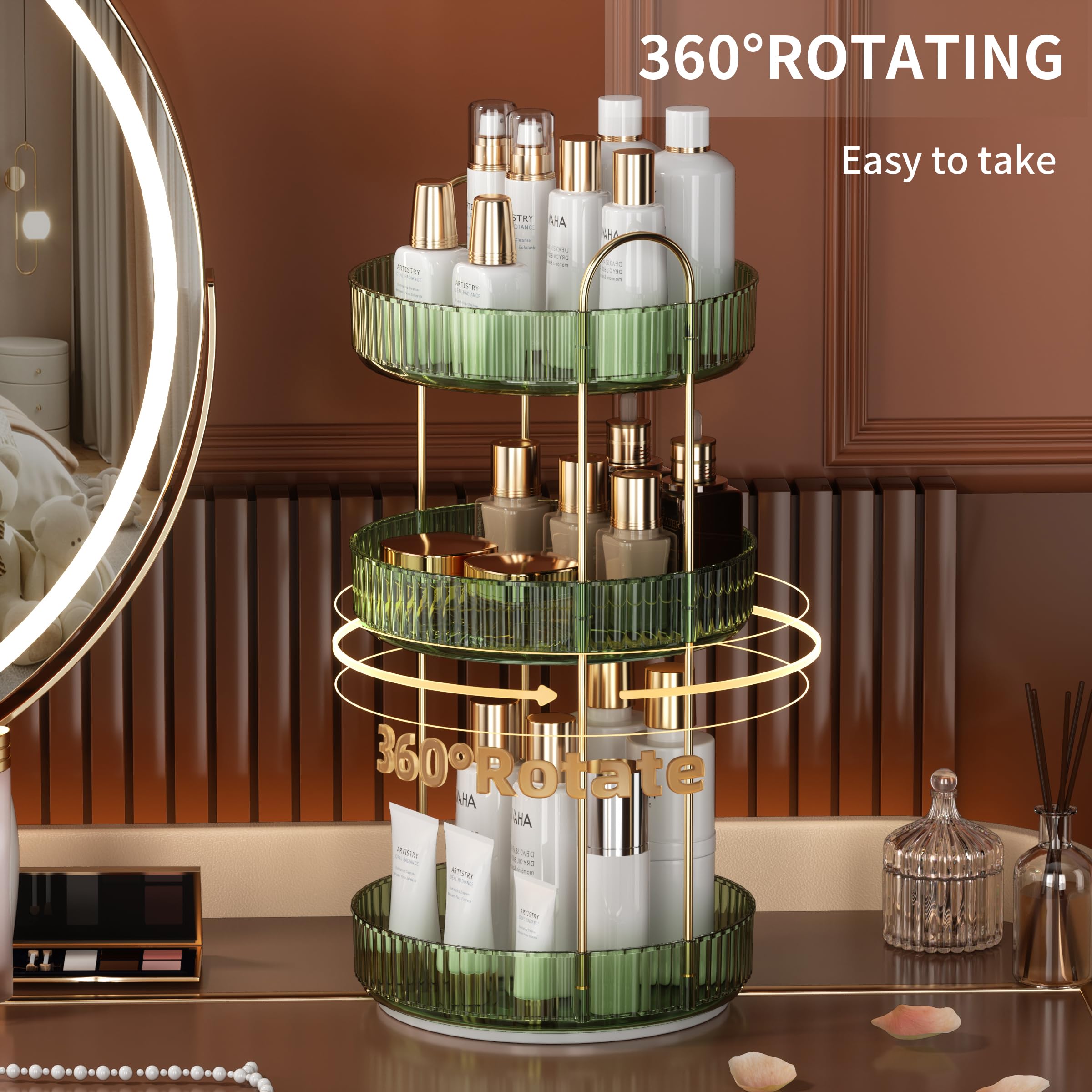 YCIA&DONE 360 Rotating Makeup Organizer and Storage for Vanity Bathroom Countertop, High Capacity Cosmetic Skincare Perfume Organizer for Dresser Lazy Susan Organizers(Clear White,2 Tiers)