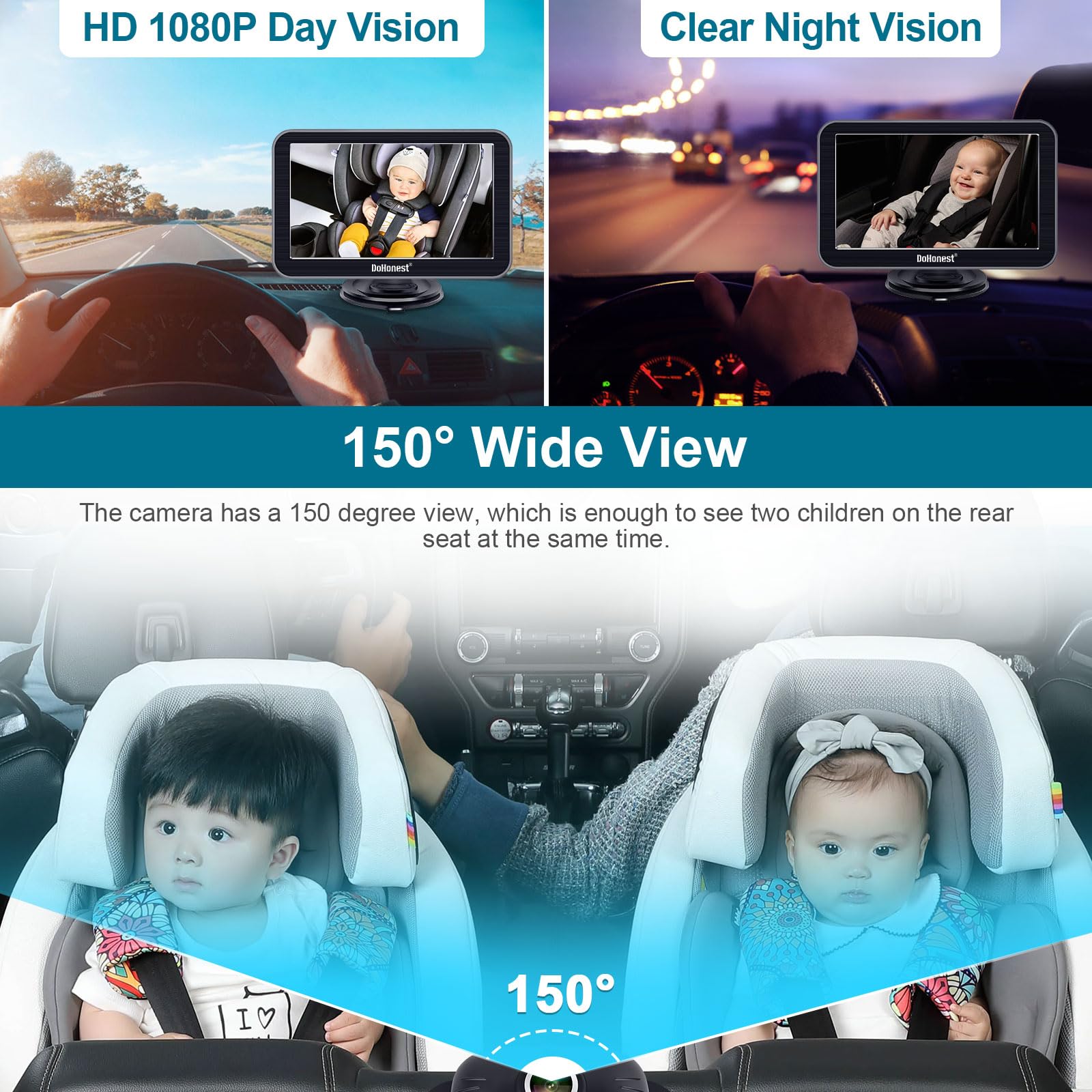 DoHonest Baby Car Camera 7-Inch: USB Plug and Play Easy Setup 360 Degree Rotating Backseat Camera Two Kids HD 1080P Rear Facing Car Seat Camera Clear Night Vision -V9 Black