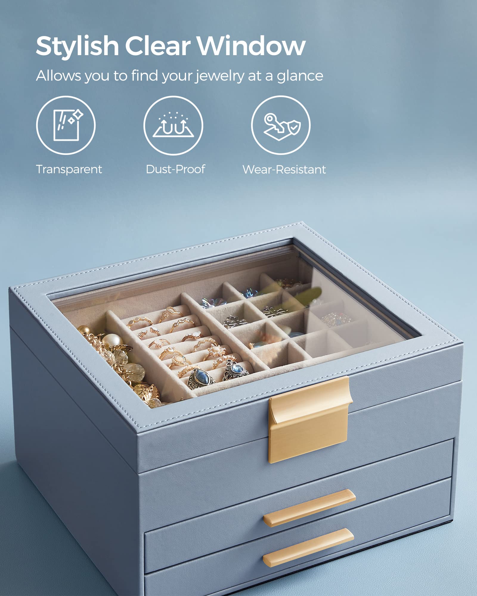 SONGMICS Jewelry Box with Glass Lid, 3-Layer Jewelry Organizer, 2 Drawers, for Big and Small Jewelry, Jewelry Storage, Modern Style, 8 x 9.1 x 5.3 Inches, Cloud White and Gold Color UJBC239WT