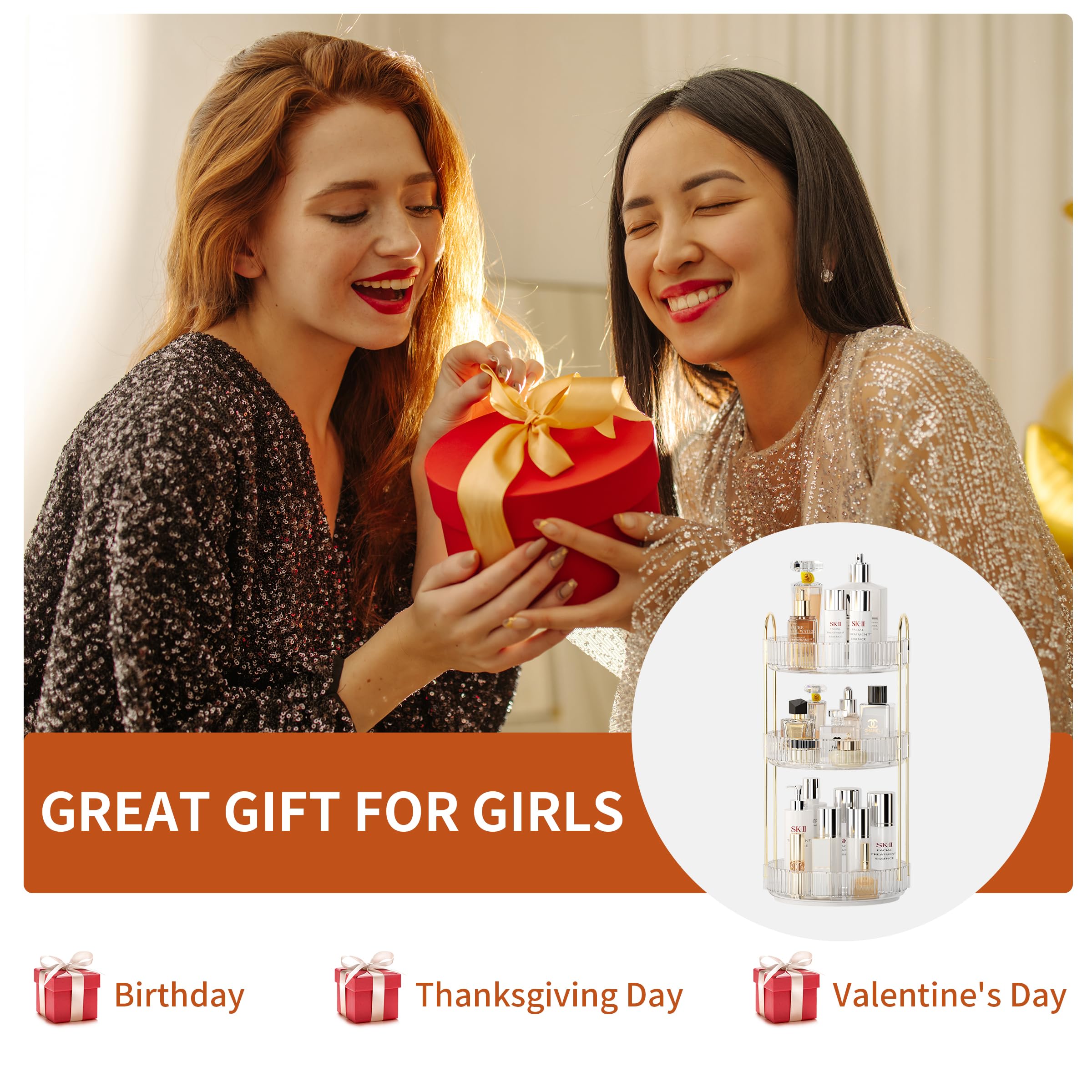 YCIA&DONE 360 Rotating Makeup Organizer and Storage for Vanity Bathroom Countertop, High Capacity Cosmetic Skincare Perfume Organizer for Dresser Lazy Susan Organizers(Clear White,2 Tiers)