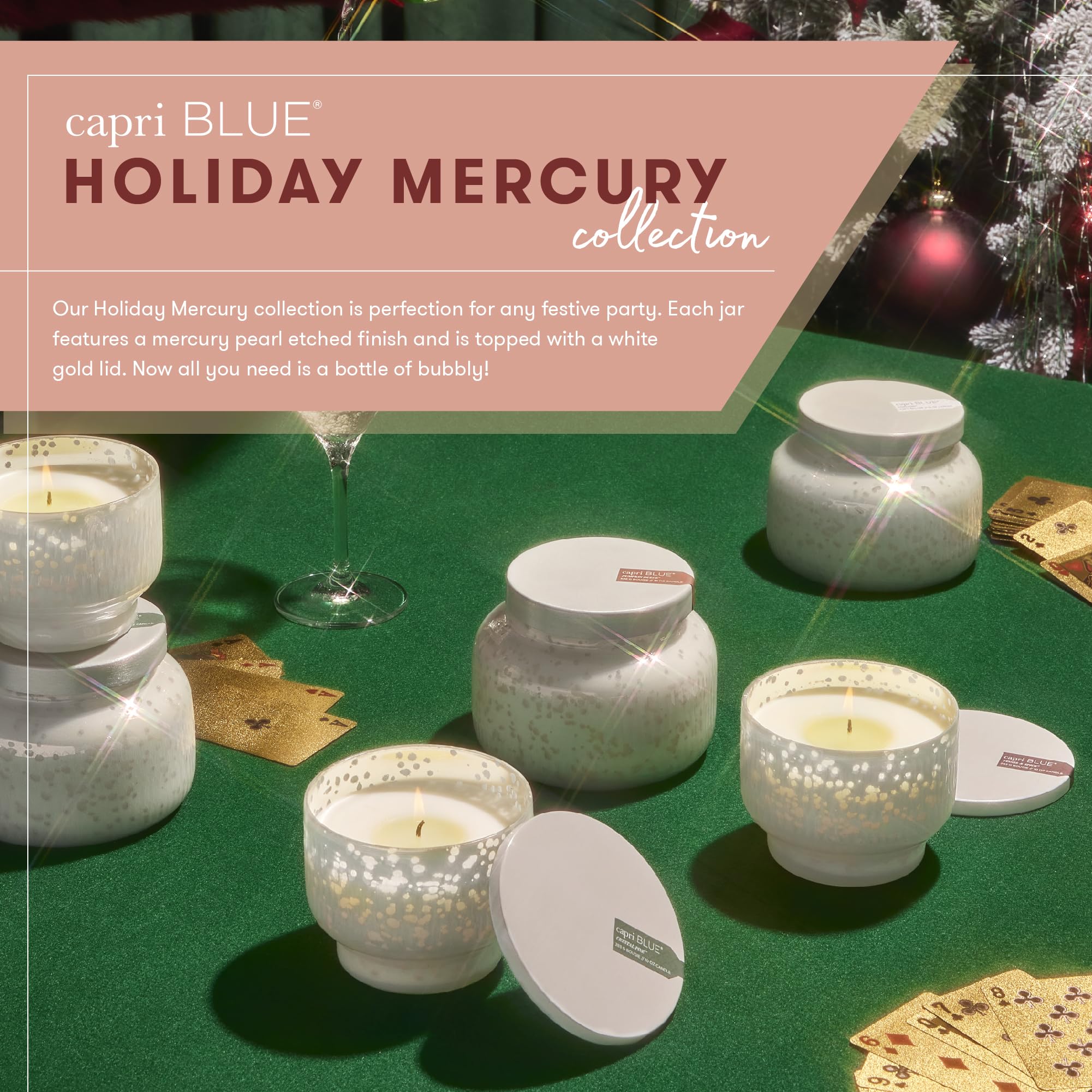 Capri Blue Holiday Mercury Jar Candle - Soy Candle Blend - Fall Candles for Home Scented with Frosted Fir, Snowy Woods, Pine & Sage - Pine Candle for Holiday Decor - Signature (Crystal Pine, 19 oz)