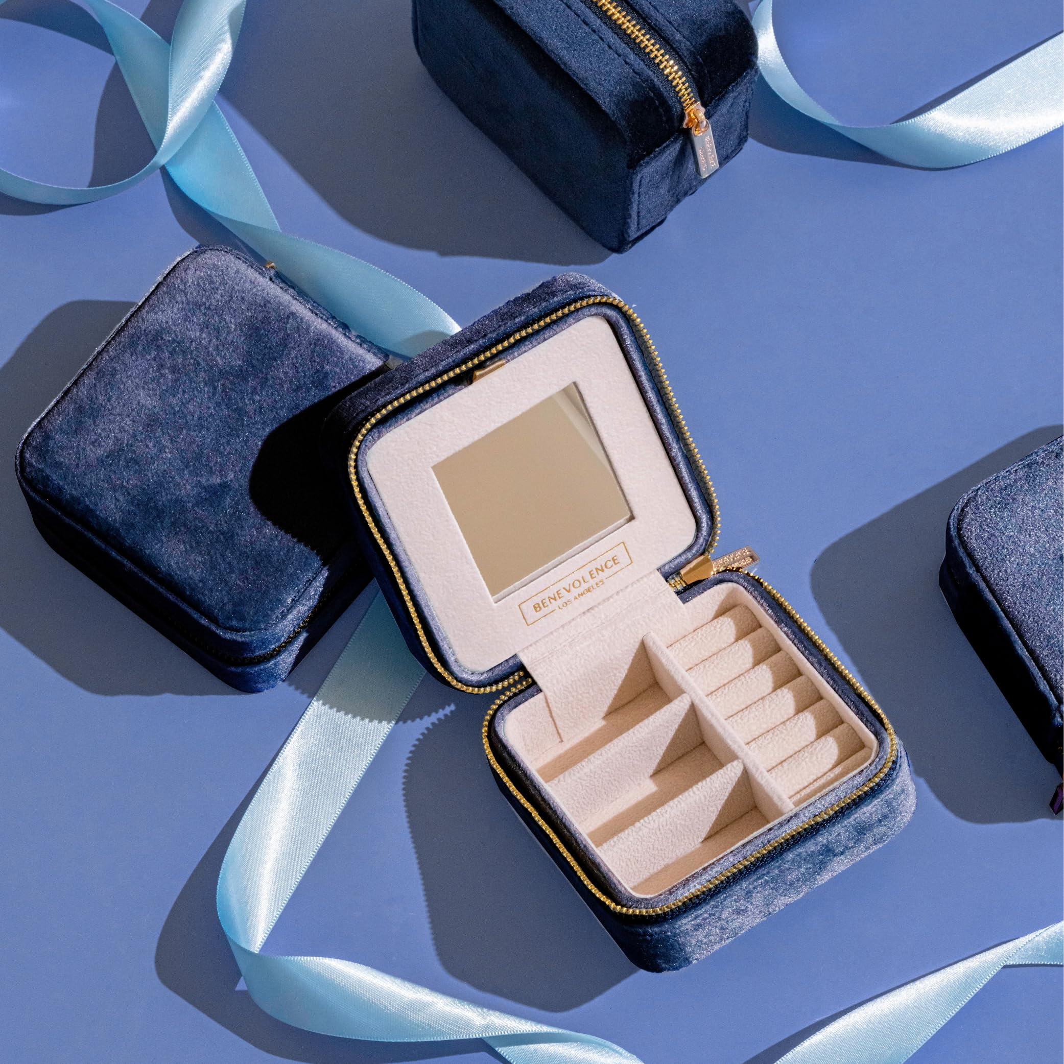 Benevolence LA Plush Velvet Travel Jewelry Storage Box | Travel Jewelry Case Small Jewelry Box for Women | Jewelry Travel Organizer | Earring Organizer with Mirror - Dusty Pink