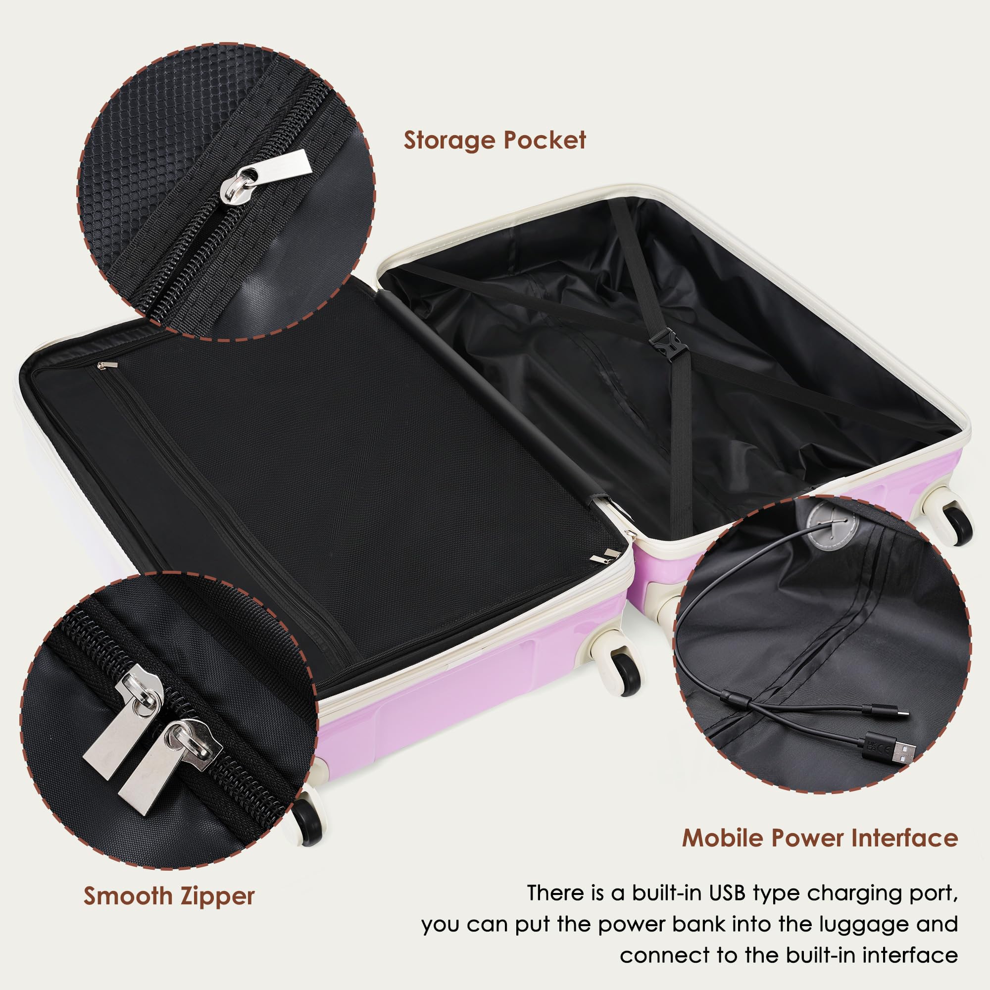 Merax 3 Pcs ABS Hardside Luggage Sets TSA Lock Spinner Wheel Suitcases, Pearly White, 20/24/28 Inch