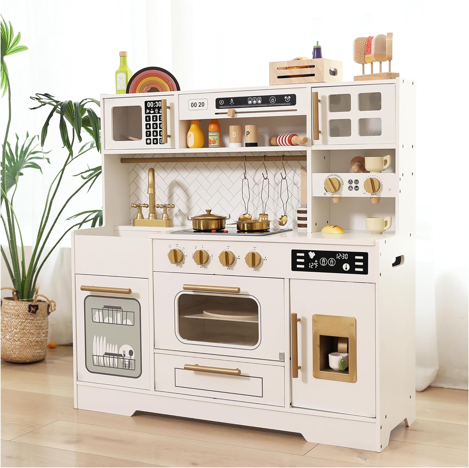 Interactive Wooden Play Kitchen Set for Kids: Realistic Features with Extended Storage and 15 pcs Kitchen Accessories, Ideal Pretend Playset Gift for Toddlers and Children Ages 3+