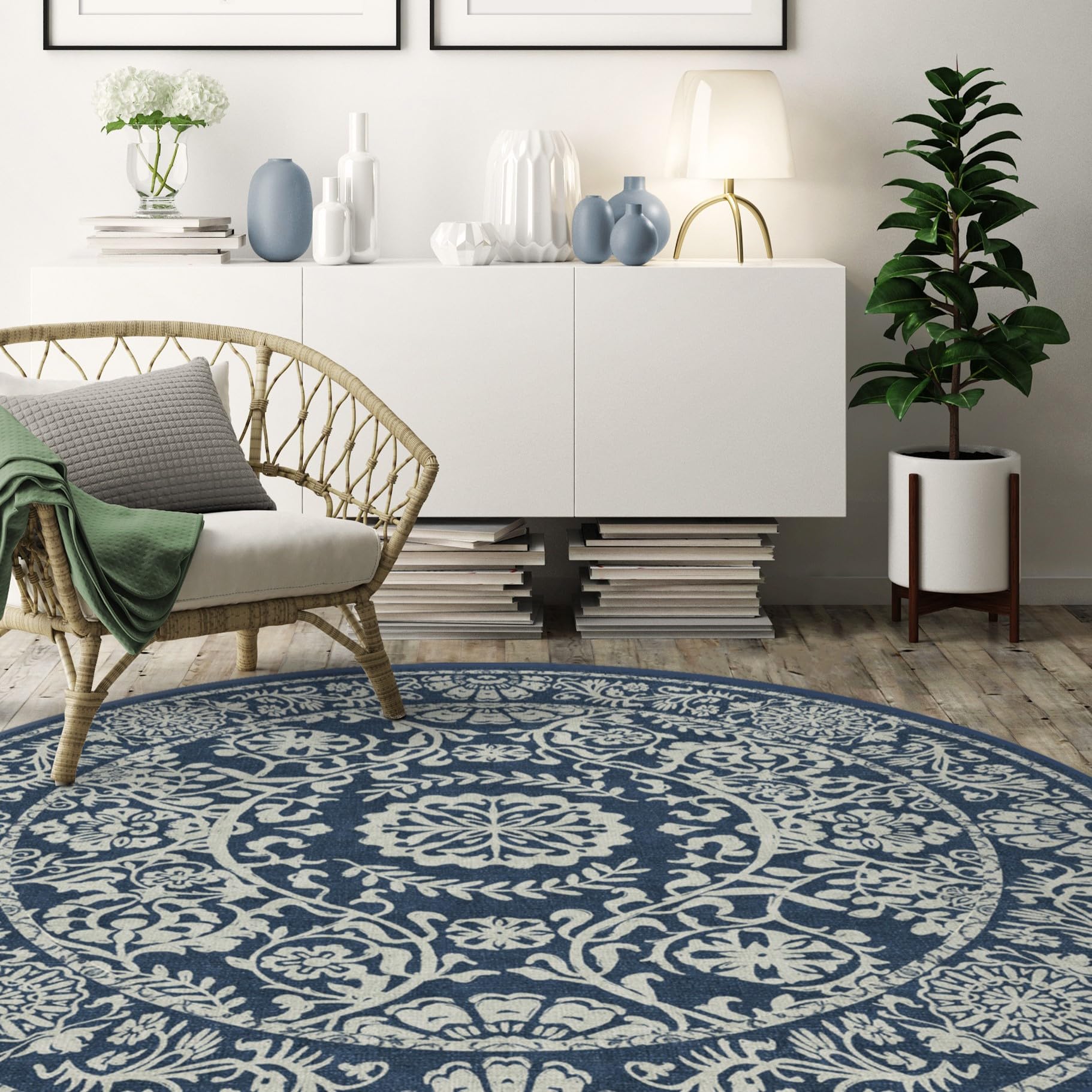 RUGGABLE Washable 2x3 Area Rug, Delphina Delft Blue, Premium Vintage Rugs for Living Room, Bedroom, Kitchen, Office, Classroom with Gripper Non Slip Pad