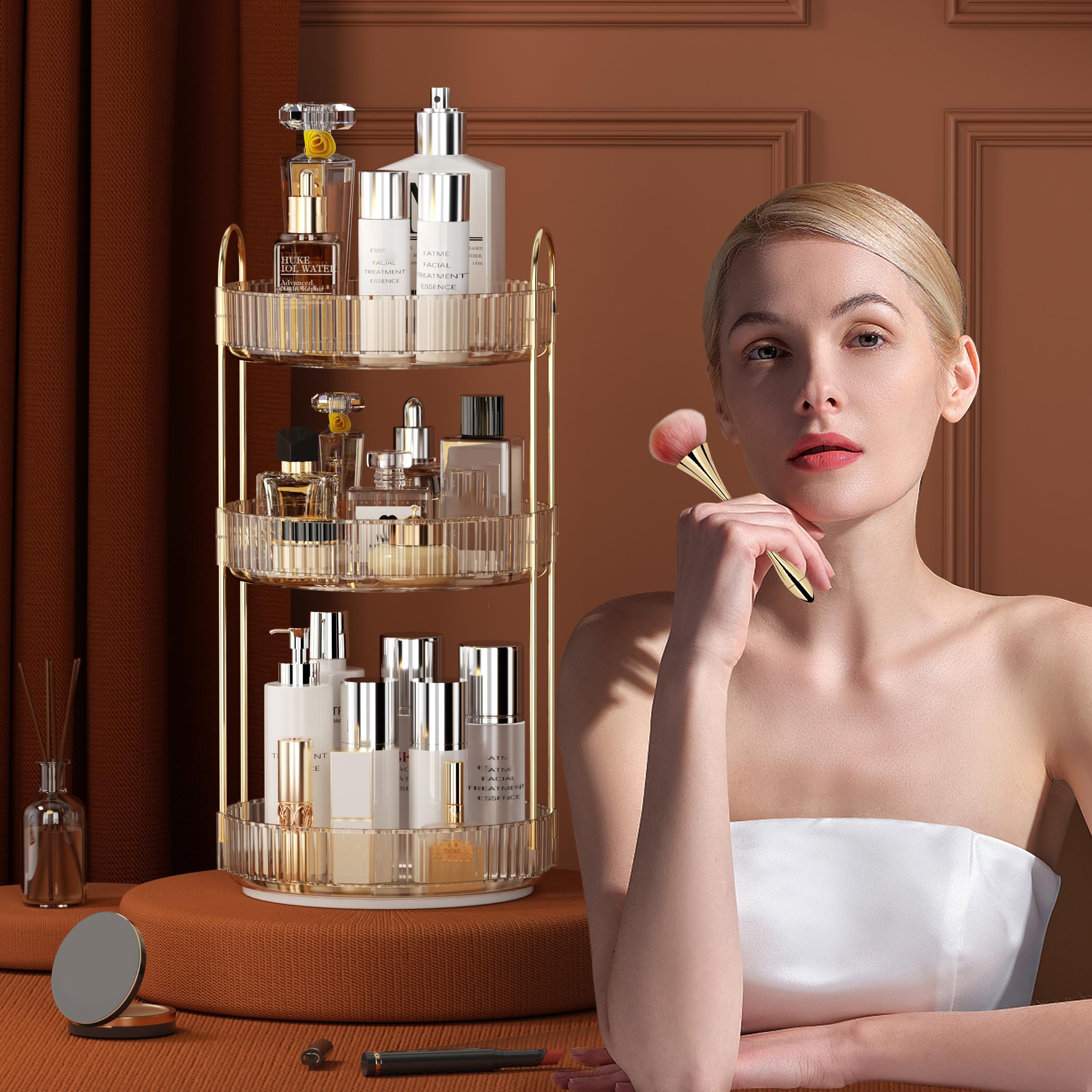 YCIA&DONE 360 Rotating Makeup Organizer and Storage for Vanity Bathroom Countertop, High Capacity Cosmetic Skincare Perfume Organizer for Dresser Lazy Susan Organizers(Clear White,2 Tiers)