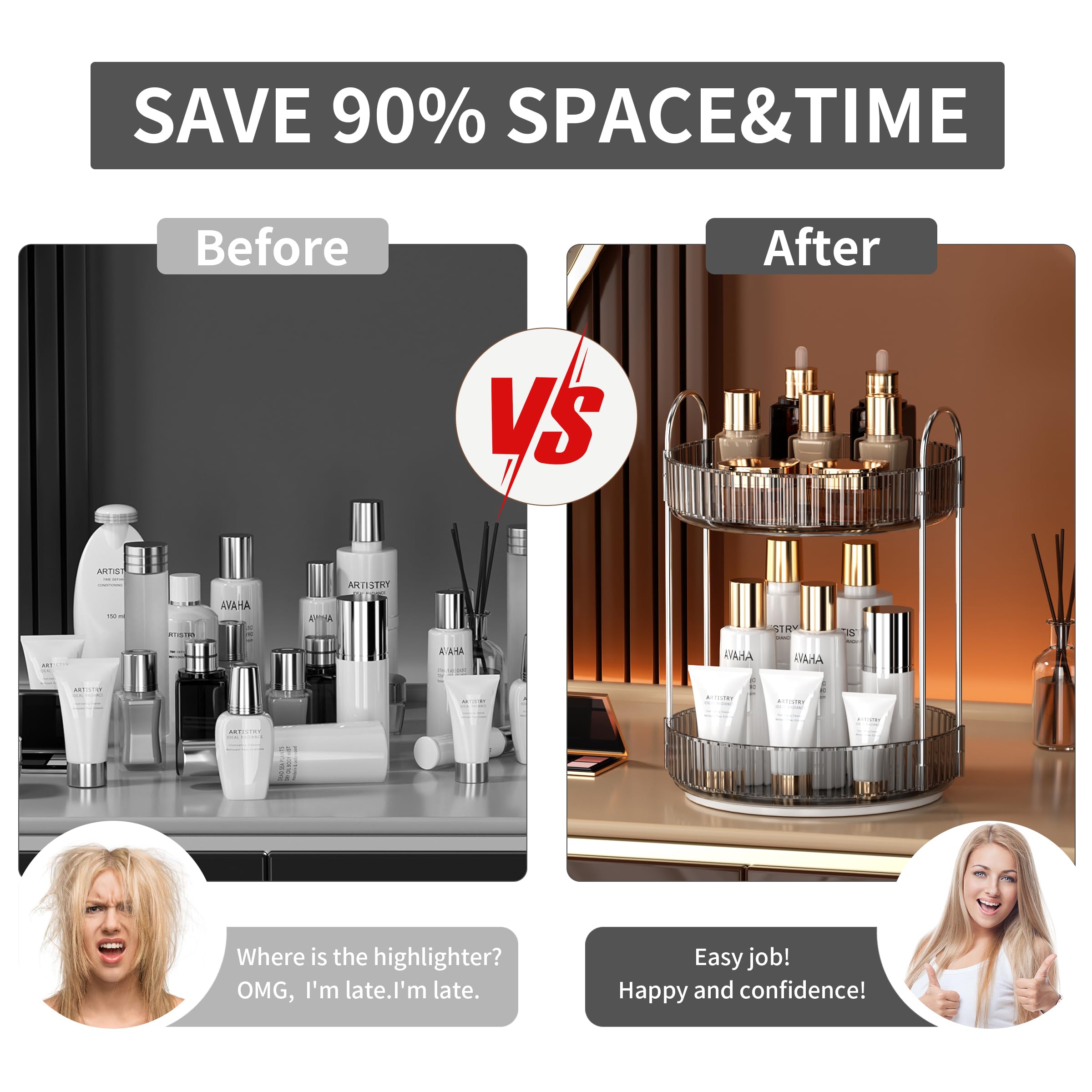 YCIA&DONE 360 Rotating Makeup Organizer and Storage for Vanity Bathroom Countertop, High Capacity Cosmetic Skincare Perfume Organizer for Dresser Lazy Susan Organizers(Clear White,2 Tiers)