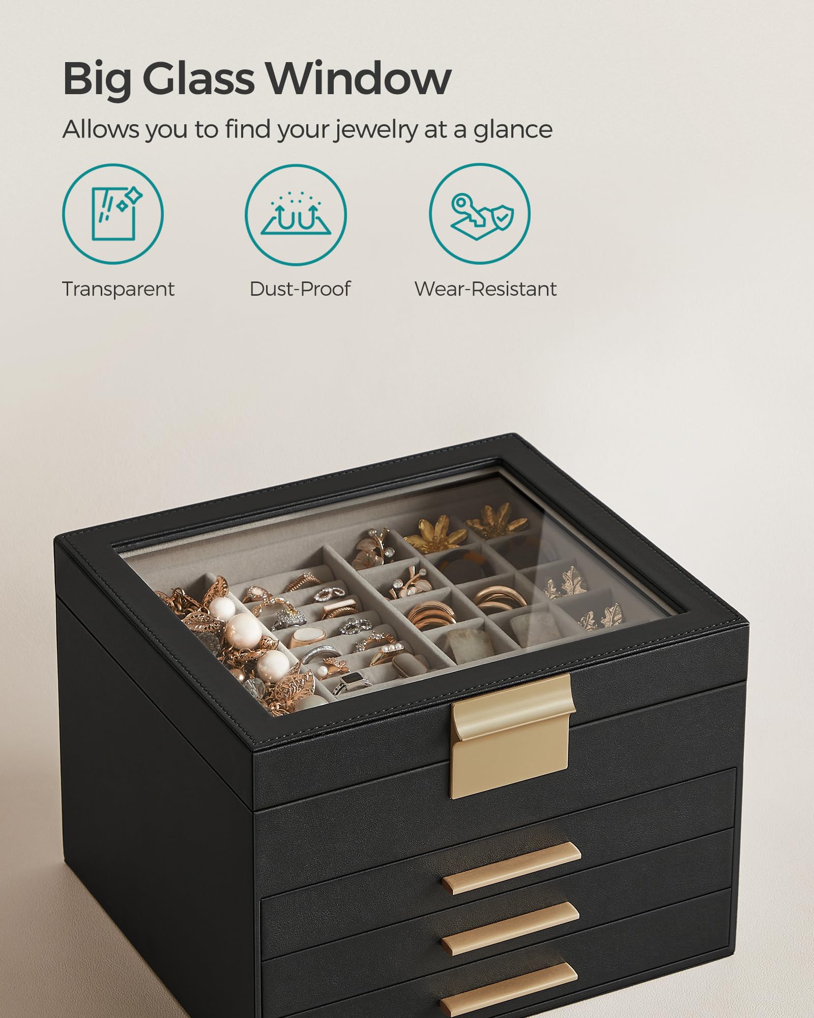 SONGMICS Jewelry Box with Glass Lid, 3-Layer Jewelry Organizer, 2 Drawers, for Big and Small Jewelry, Jewelry Storage, Modern Style, 8 x 9.1 x 5.3 Inches, Cloud White and Gold Color UJBC239WT