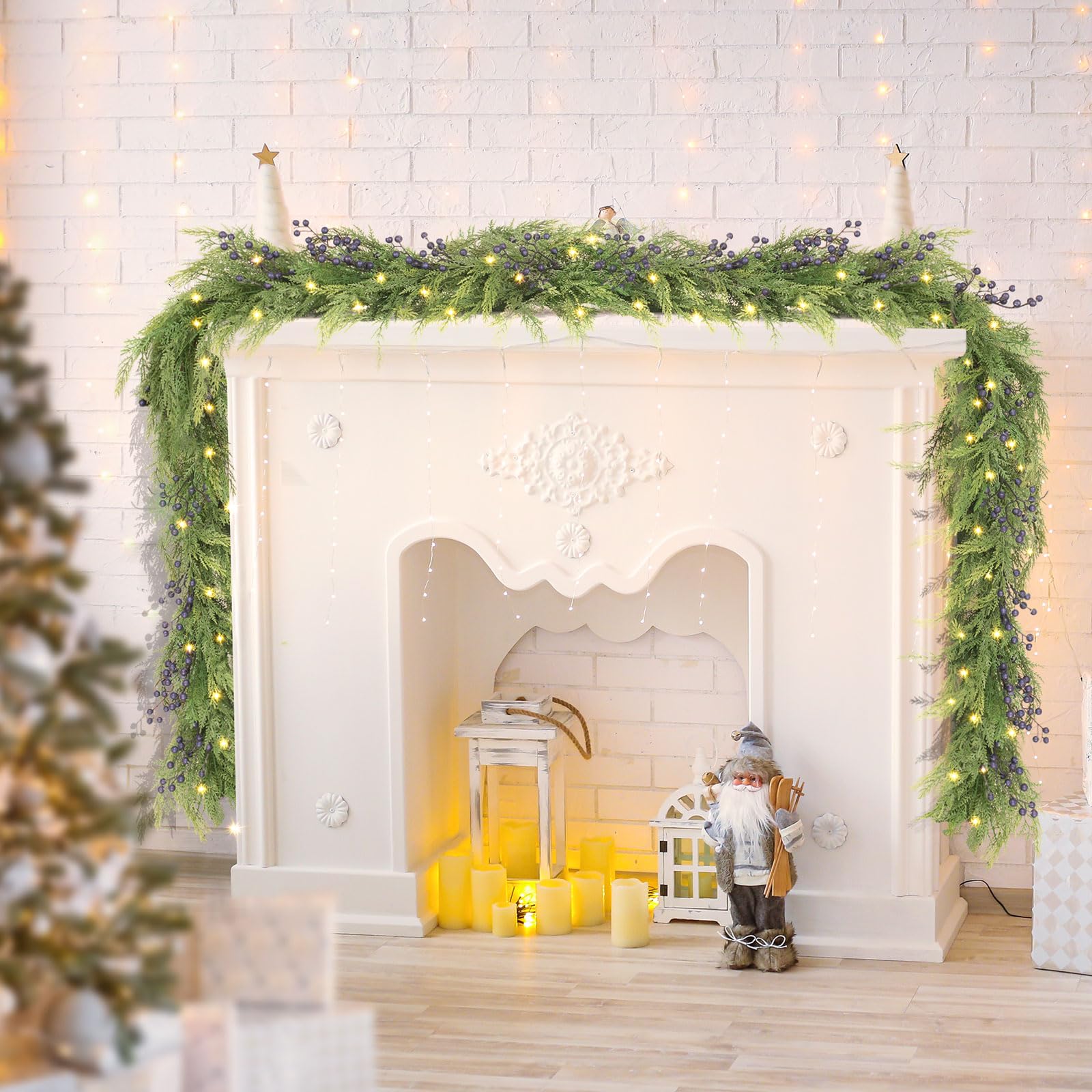 Jin&Bao 6FT Real Touch Norfolk Pine Garlands, Christmas Garland with Lights, Christmas Decorations for Mantel Stairs Table Runner Outdoor Indoor Winter Decor, 50 LED with Timer 8 Modes