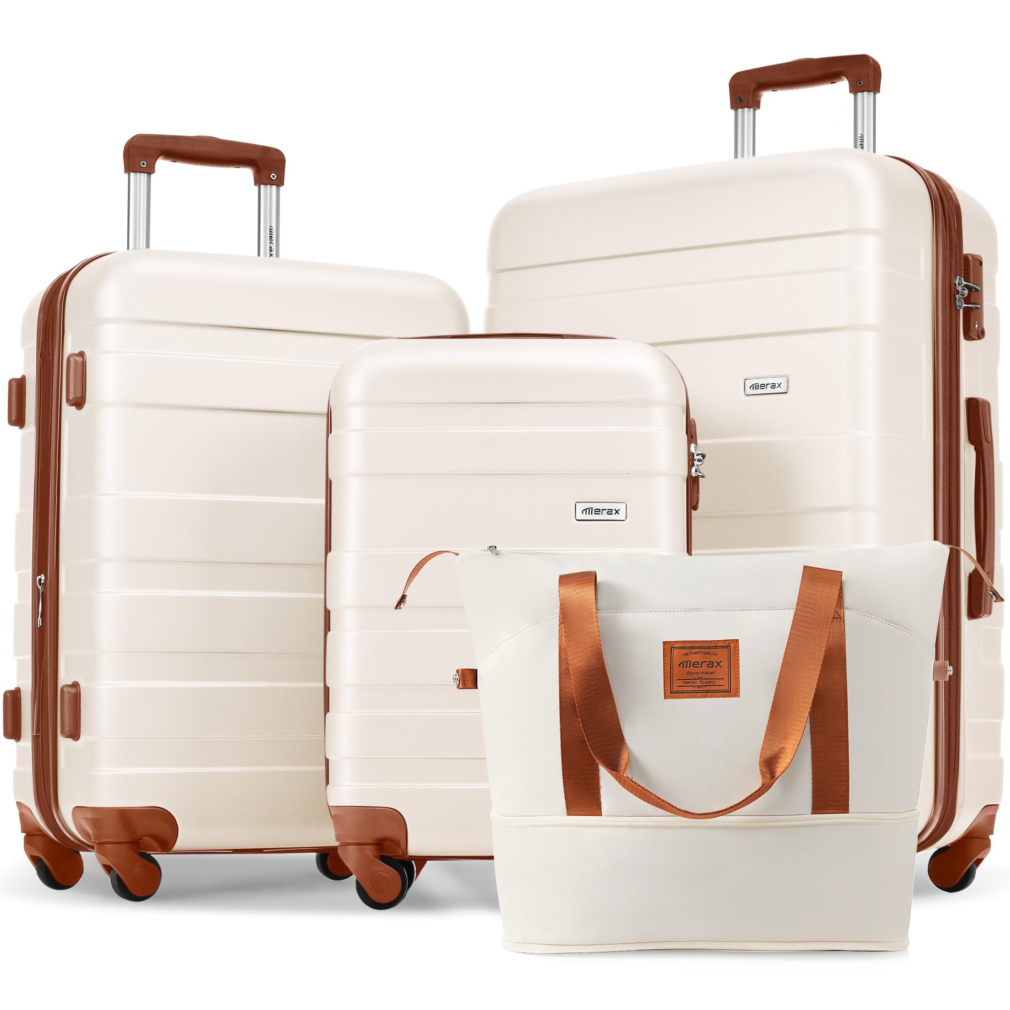 Merax 3 Pcs ABS Hardside Luggage Sets TSA Lock Spinner Wheel Suitcases, Pearly White, 20/24/28 Inch