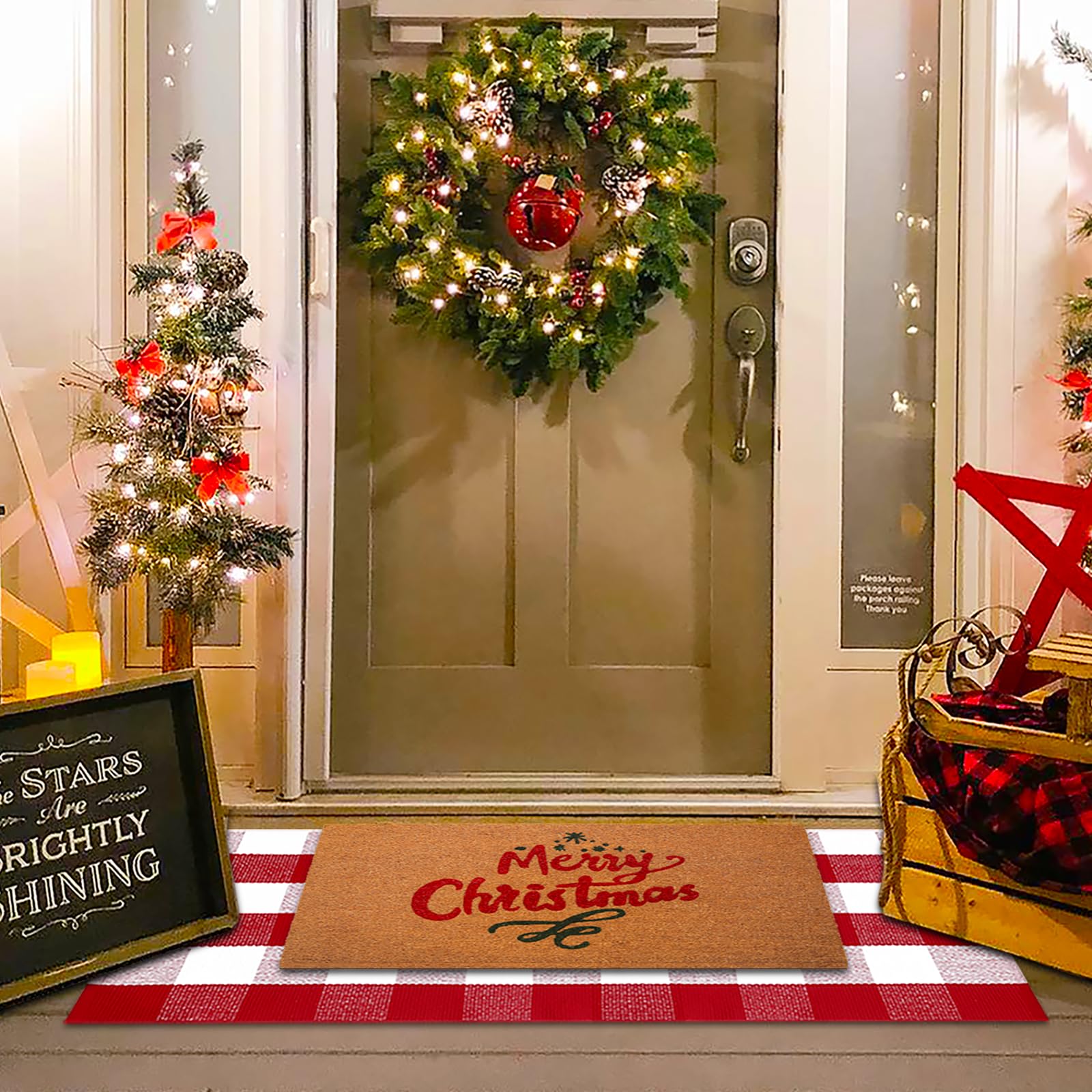 Christmas Red and White Plaid Rug - 28 x 43 Inches Outdoor Front Door Decor Mat Cotton Washable Hand-Woven Rug Christmas New Year Holiday Porch Entryway Layered Doormat