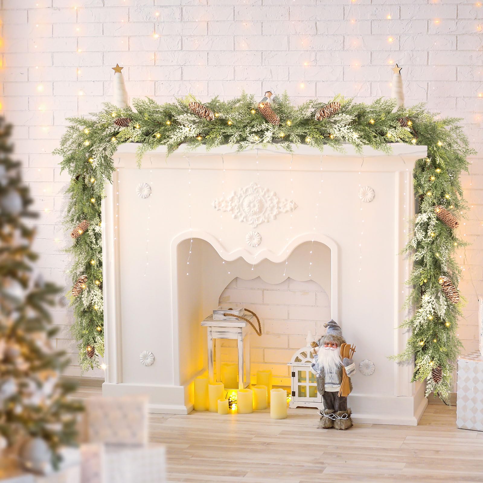 Jin&Bao 6FT Real Touch Norfolk Pine Garlands, Christmas Garland with Lights, Christmas Decorations for Mantel Stairs Table Runner Outdoor Indoor Winter Decor, 50 LED with Timer 8 Modes