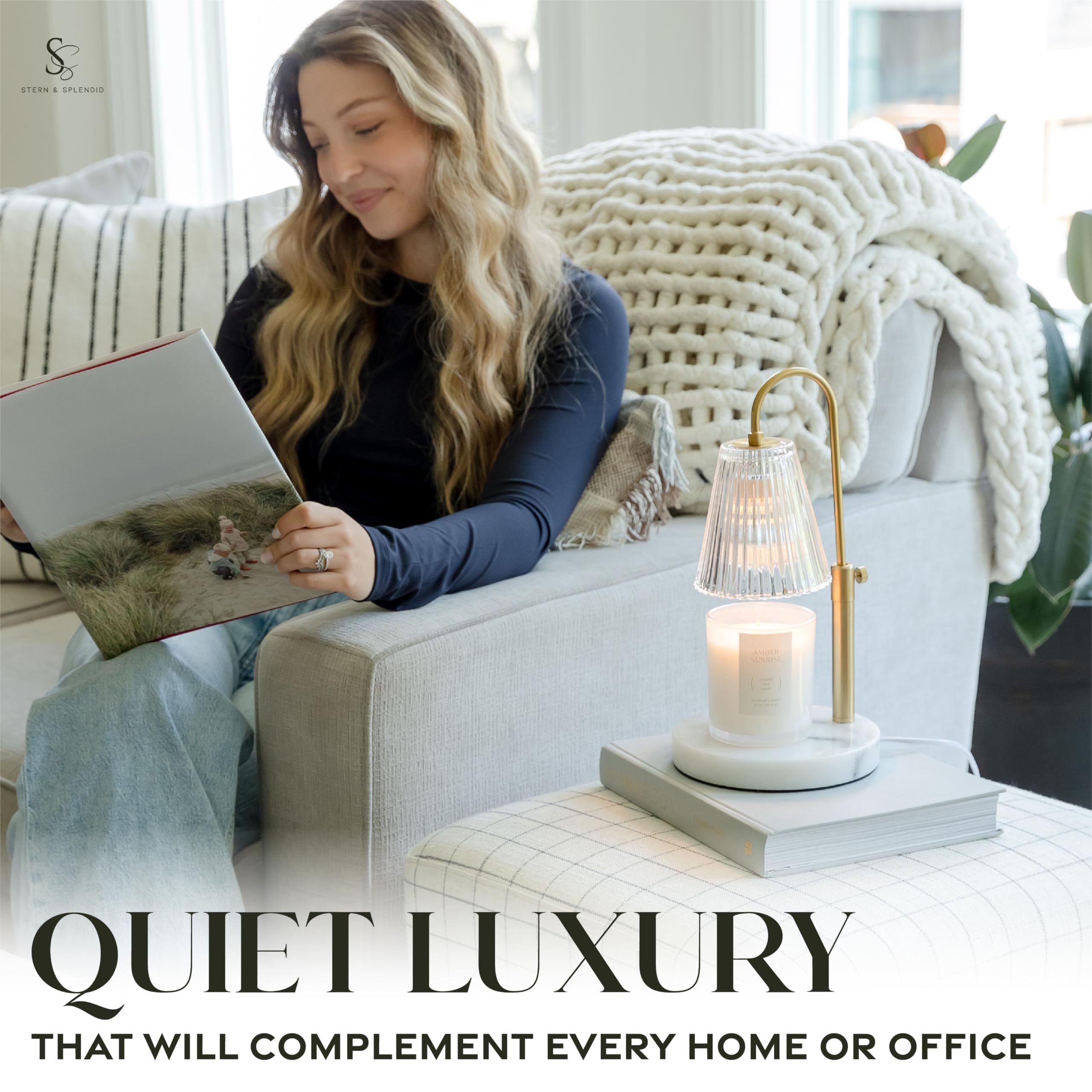 Flameless Candle Warmer Lamp for Jar Candles Large & Small – Dimmable Lamp Candle Warmer Electric with Large Marble Base & Adjustable Height – Candle Melter with Timer and 4 Halogen Light Bulbs