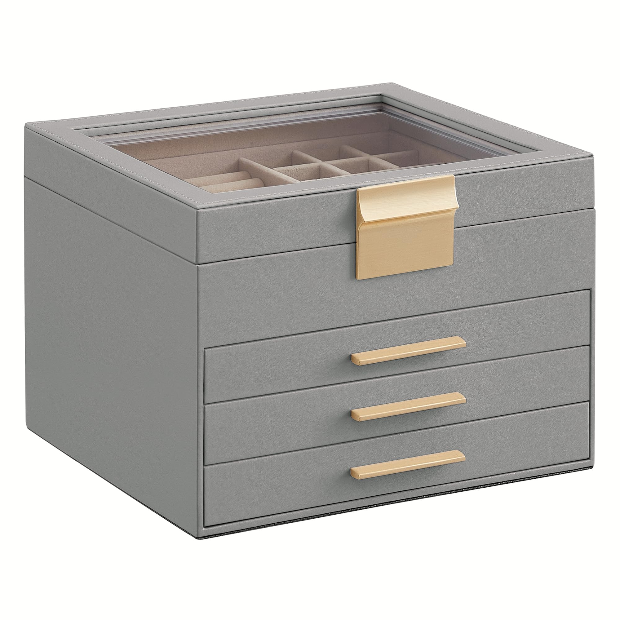 SONGMICS Jewelry Box with Glass Lid, 3-Layer Jewelry Organizer, 2 Drawers, for Big and Small Jewelry, Jewelry Storage, Modern Style, 8 x 9.1 x 5.3 Inches, Cloud White and Gold Color UJBC239WT