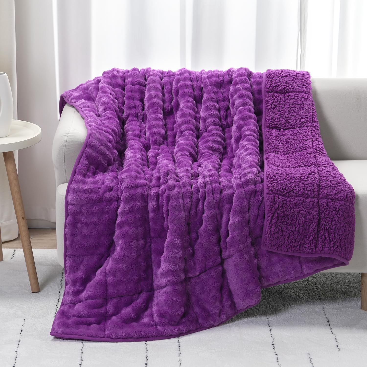 Cottonblue Weighted Blanket 15lbs Bubble Faux Fur Plush Sherpa Weighted Blankets for Adults, Fits Queen Size Bed, Cute Fuzzy Warm Heavy Blanket for Calm and Better Sleep, 60"x80", Cream White