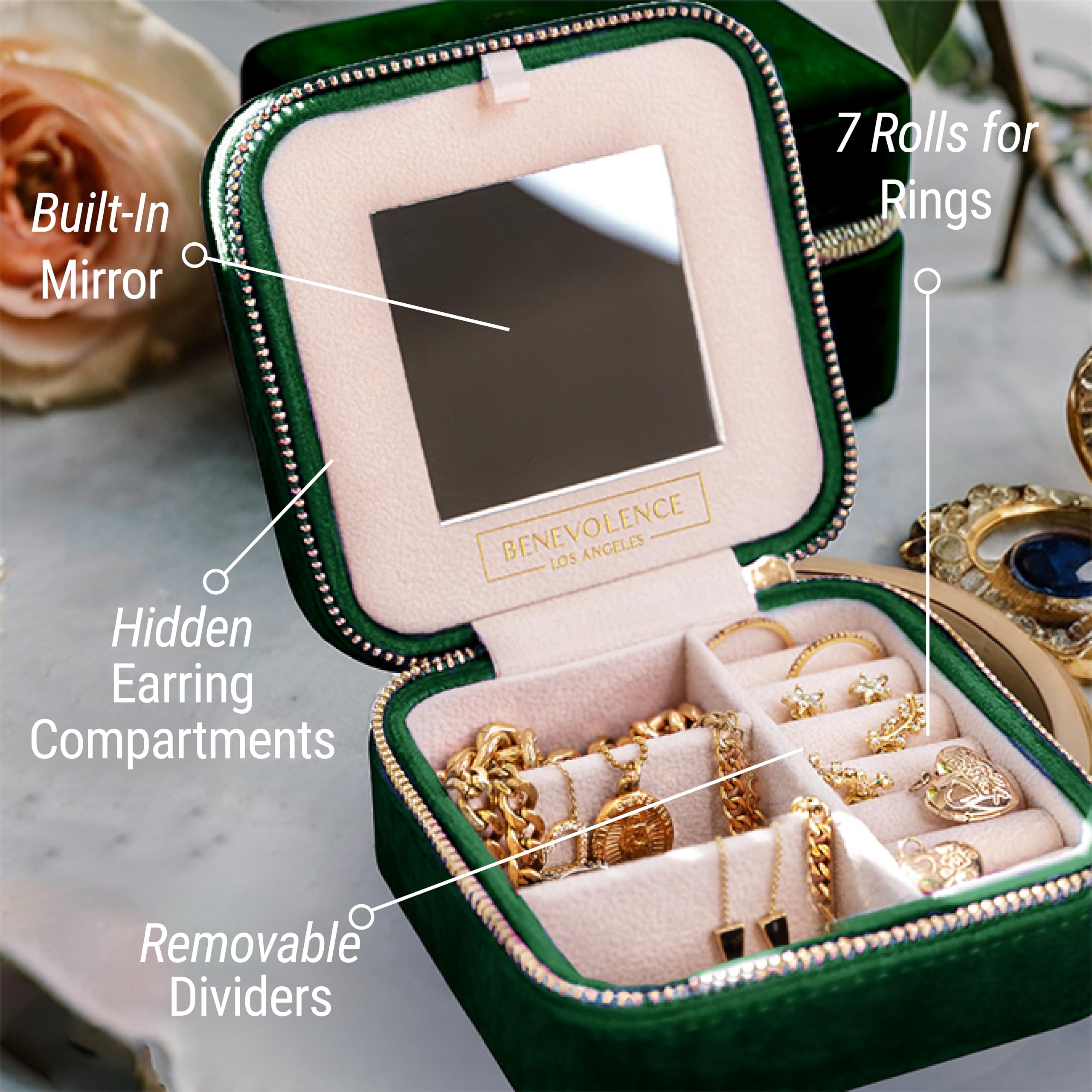 Benevolence LA Plush Velvet Travel Jewelry Storage Box | Travel Jewelry Case Small Jewelry Box for Women | Jewelry Travel Organizer | Earring Organizer with Mirror - Dusty Pink