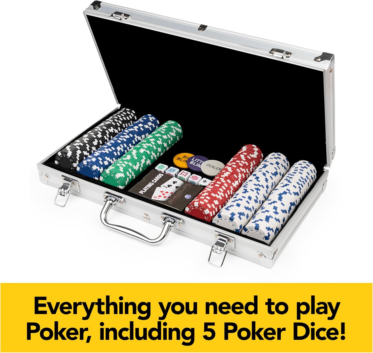 Cardinal Classics, 300-Piece Poker Set with Aluminum Carrying Case & Professional Weight Chips Plus 5 Poker Dice, Casino Game for Adults and Kids Ages 8 and up