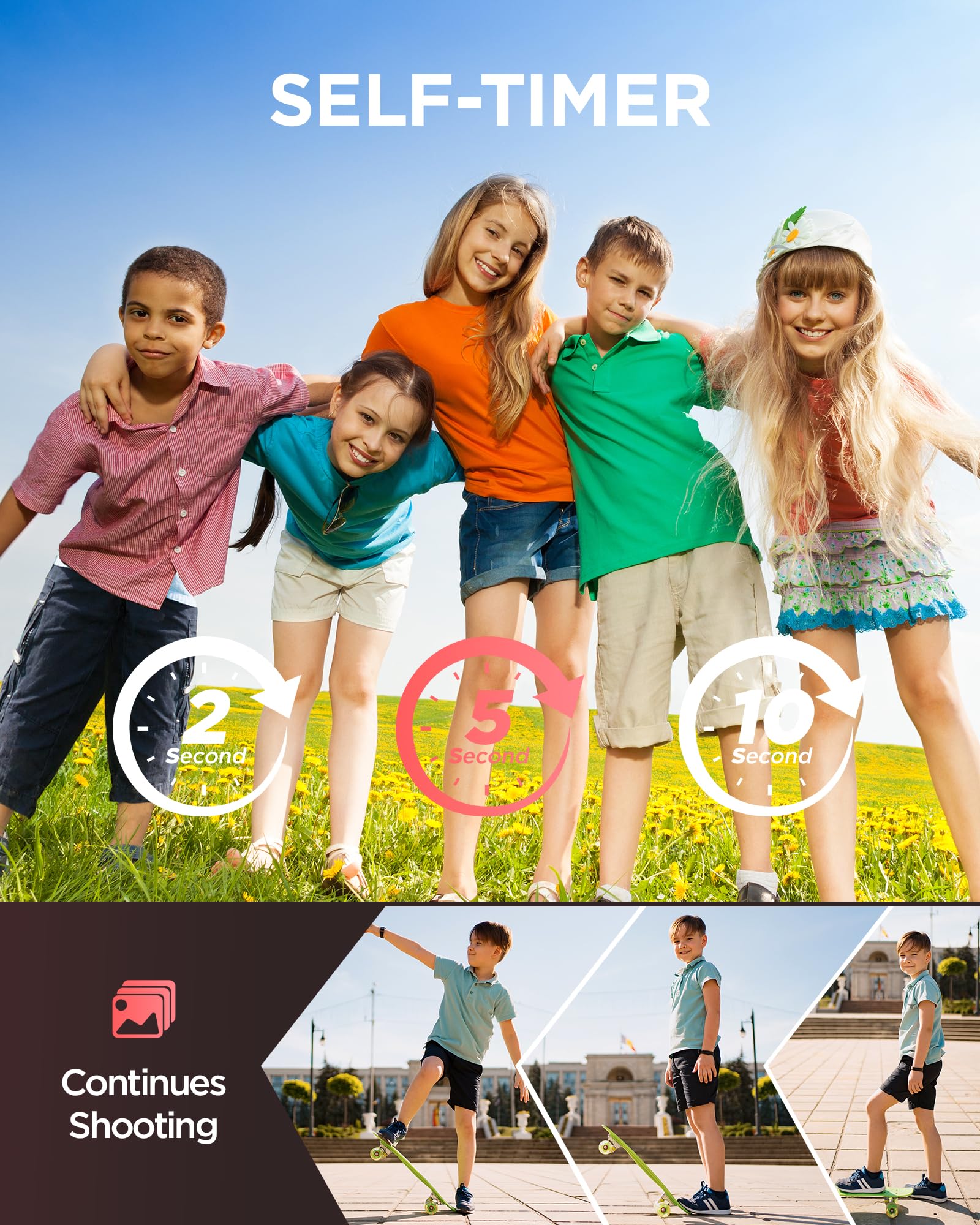 64GB Digital Camera for Kids: 48MP Anti-Shake Camera Photography Vlogging Camera for YouTube 16X Digital Zoom Photo Filtration Continuous Shooting Self-Timer Autofocus Compact Camera