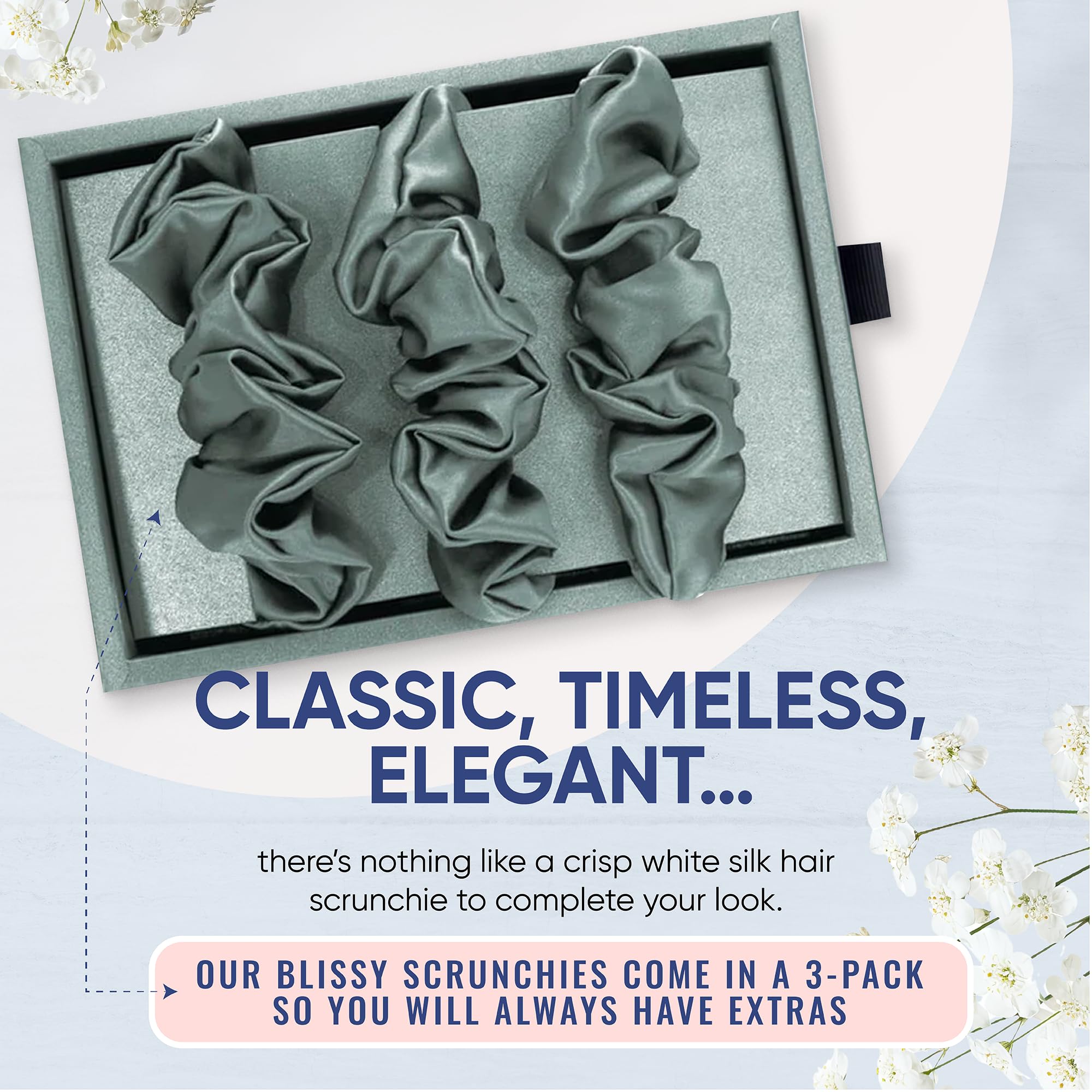 Blissy Silk Scrunchies (3 Pack) - 100% Pure Mulberry Silk - 22 Momme 6A High-Grade Fibers - Silk Scrunchie for Straight & Curly Hair - Preventing Breakage, Tangling, & Creasing (Black Skinny)