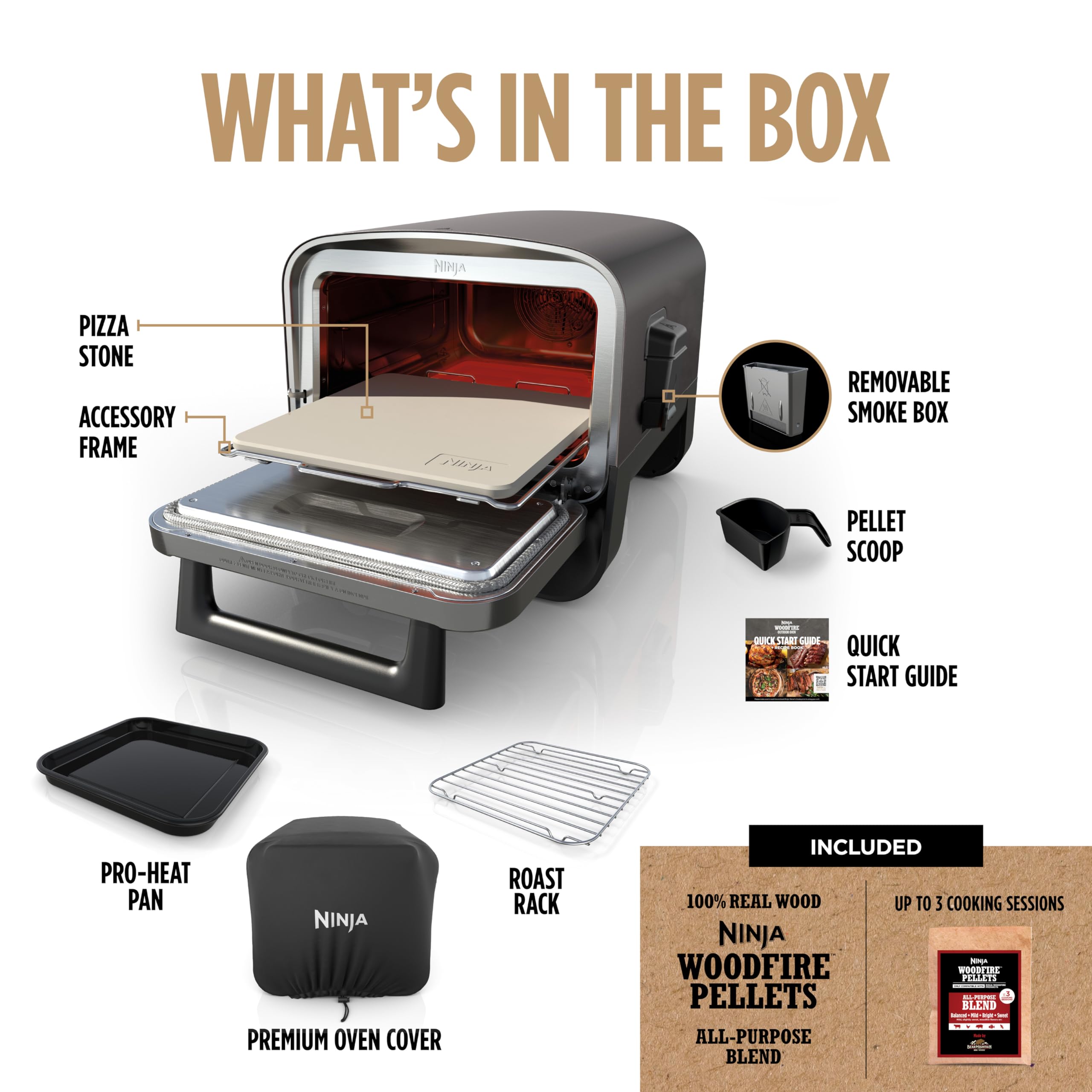 Ninja Woodfire 8-in-1 Outdoor Oven, Pizza Oven, 700°F High Heat Roaster, BBQ Smoker, Ninja Woodfire Technology, Weather Resistant, Portable, Electric, Grey, OO101LWC (Canadian Version)