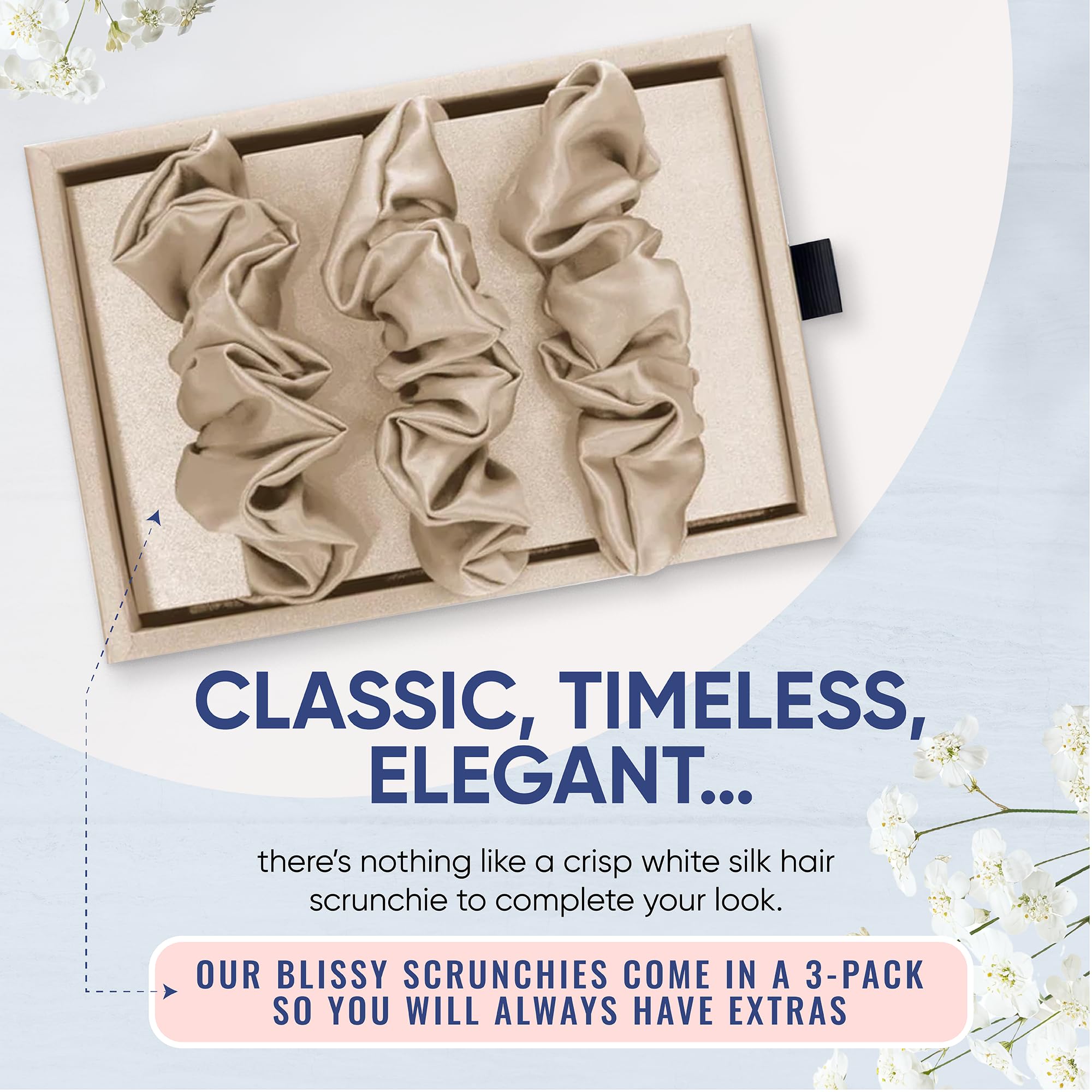 Blissy Silk Scrunchies (3 Pack) - 100% Pure Mulberry Silk - 22 Momme 6A High-Grade Fibers - Silk Scrunchie for Straight & Curly Hair - Preventing Breakage, Tangling, & Creasing (Black Skinny)