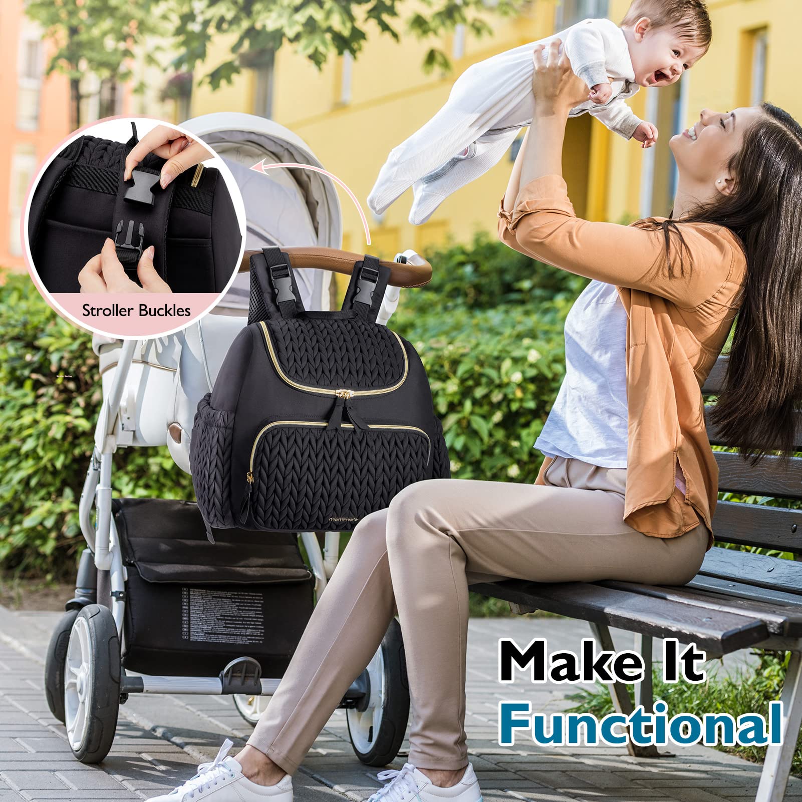 mommore Diaper Bag Small Diaper Backpack Stylish Baby Backpacks Travel Mini Maternity Bags with Insulated Pockets, Changing Pad, Stroller Straps