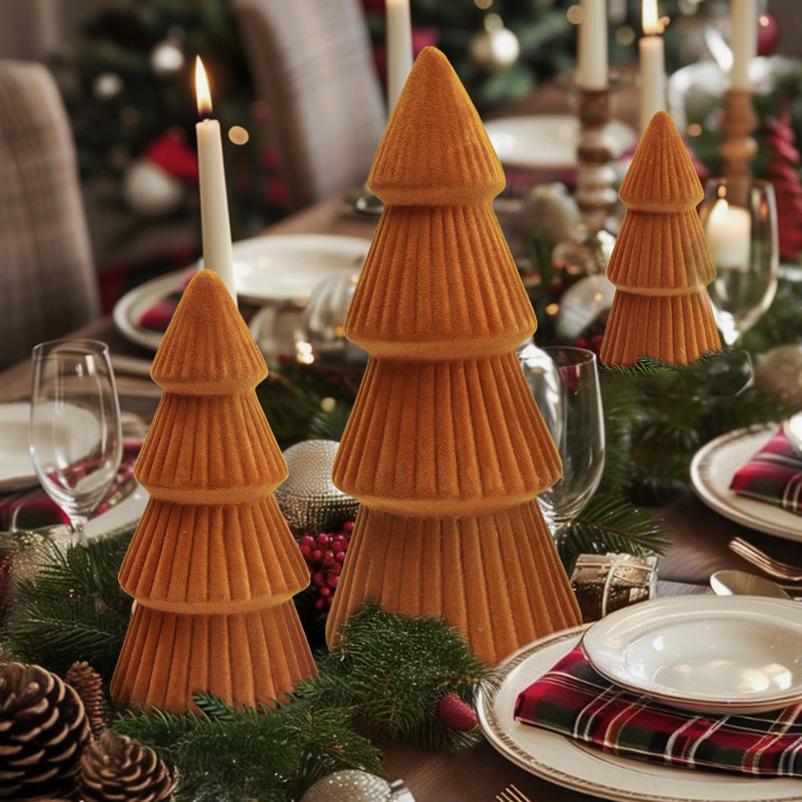 Christmas Decorations Indoor- 3 Pcs Velvet Christmas Tree,Modern Cone Ceramics Christmas Decor Tabletop Winter Home Minimalist for Holiday Entryway Table Mantel Centerpiece(Green)
