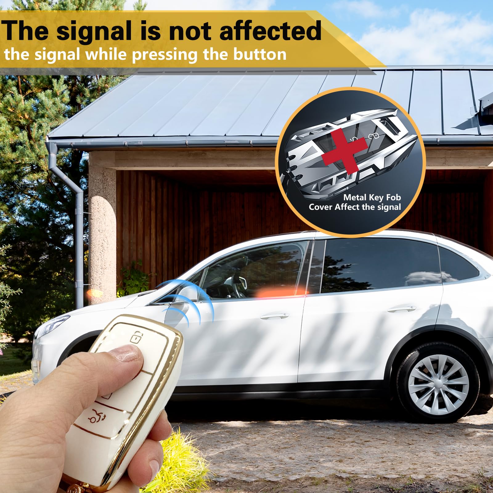 Cadillac Key Fob Cover with Metal Braided Rope Keychain, Upgraded Soft Key Case for 2015-2019 Escalade CTS SRX XT5 ATS STS CT6 (5 Button) (Gold Edge)