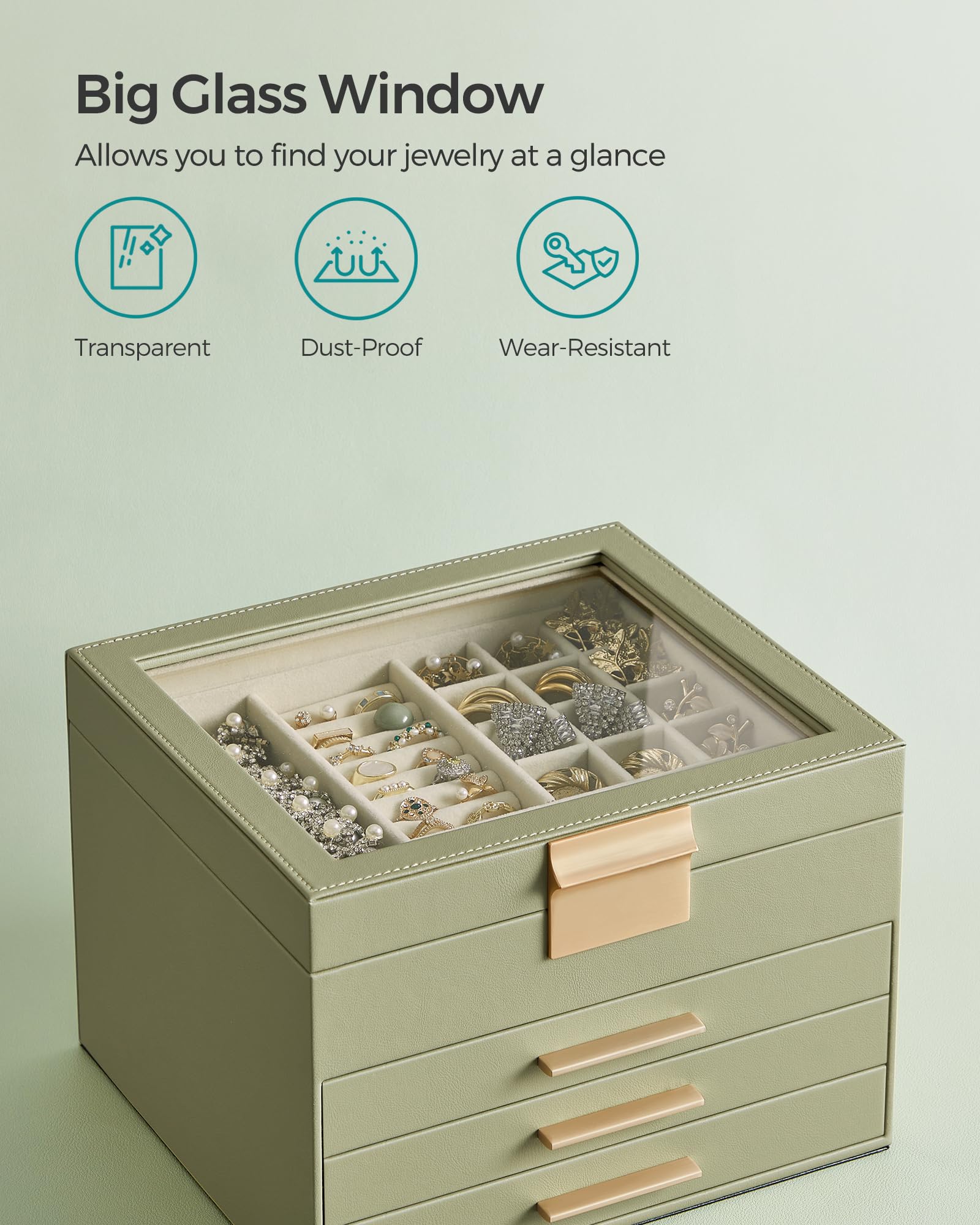 SONGMICS Jewelry Box with Glass Lid, 3-Layer Jewelry Organizer, 2 Drawers, for Big and Small Jewelry, Jewelry Storage, Modern Style, 8 x 9.1 x 5.3 Inches, Cloud White and Gold Color UJBC239WT