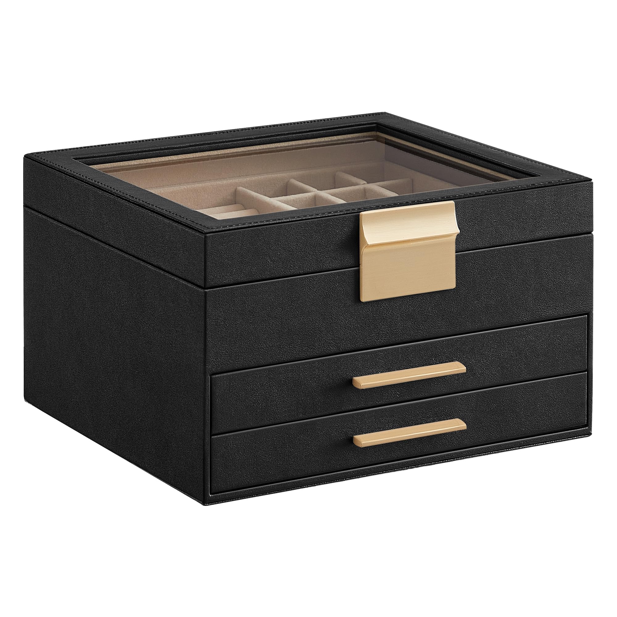 SONGMICS Jewelry Box with Glass Lid, 3-Layer Jewelry Organizer, 2 Drawers, for Big and Small Jewelry, Jewelry Storage, Modern Style, 8 x 9.1 x 5.3 Inches, Cloud White and Gold Color UJBC239WT