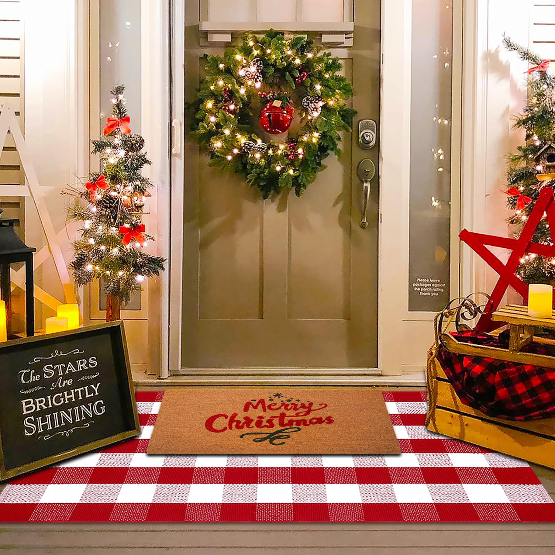 Christmas Red and White Plaid Rug - 28 x 43 Inches Outdoor Front Door Decor Mat Cotton Washable Hand-Woven Rug Christmas New Year Holiday Porch Entryway Layered Doormat