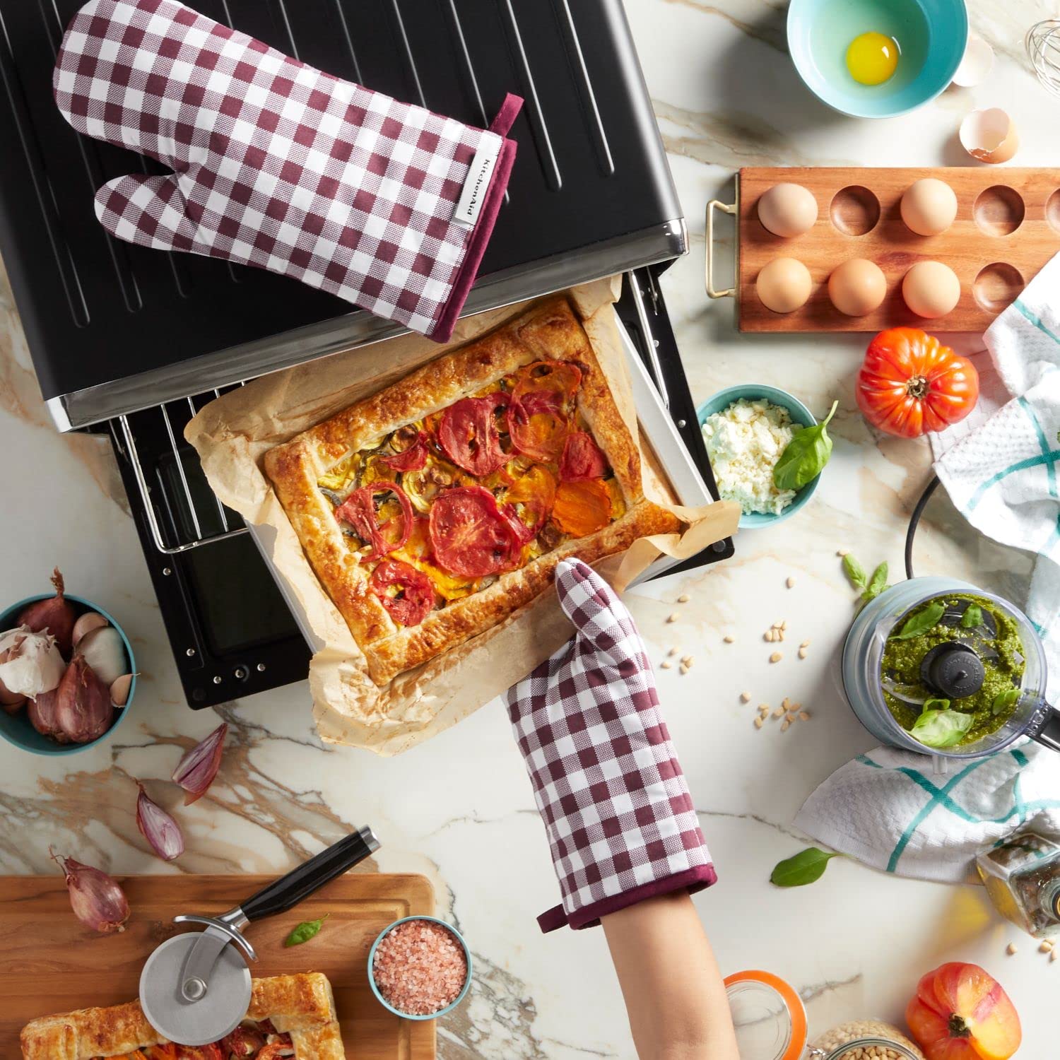 KitchenAid Gingham Oven Mitt 2-Pack Set, Milkshake, 7"x13"