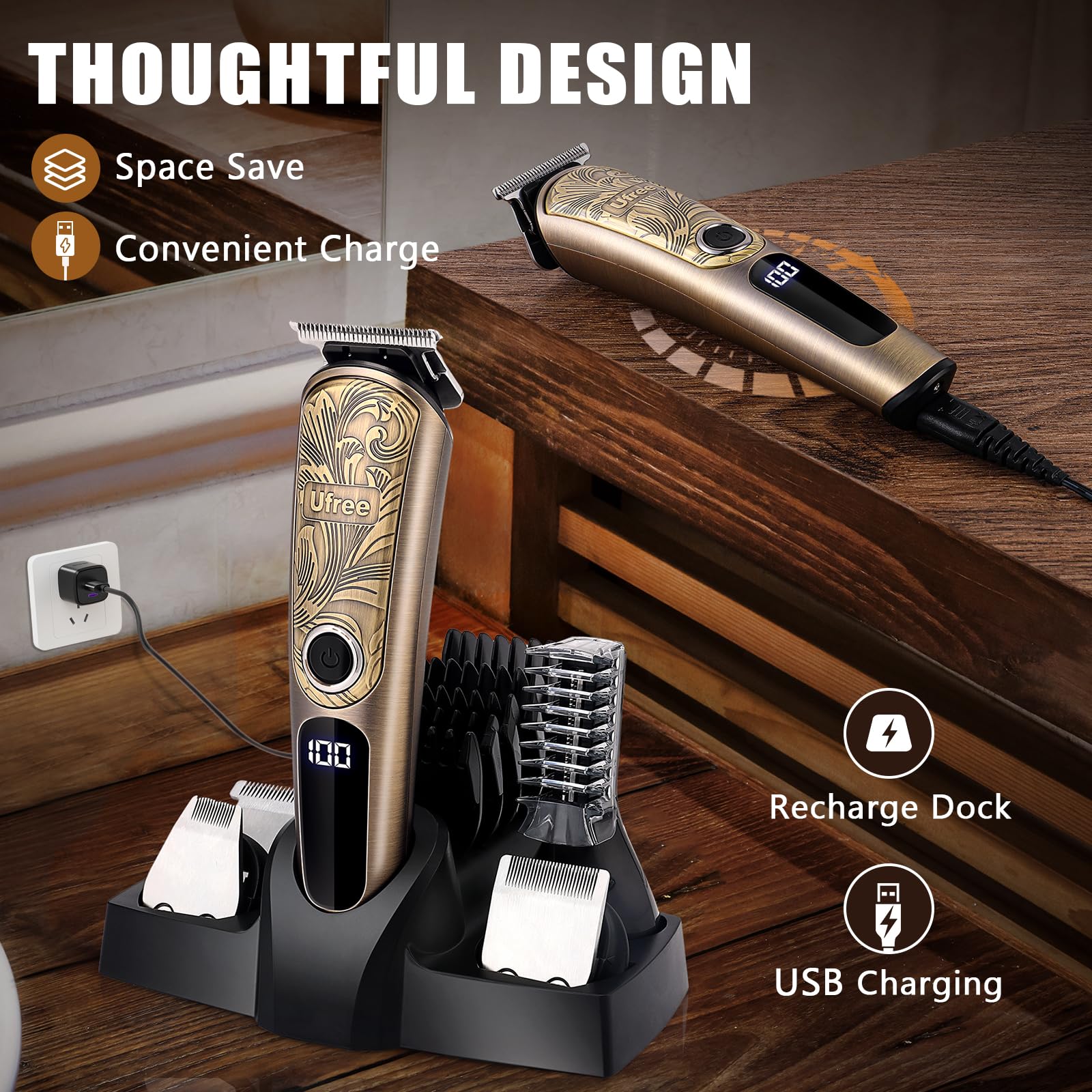 Ufree Beard Trimmer for Men, Waterproof Electric Razor for Nose, Body, Face and Mustache, Cordless Hair Clippers Shavers for Men Grooming Kit, Gifts for Men Husband Father