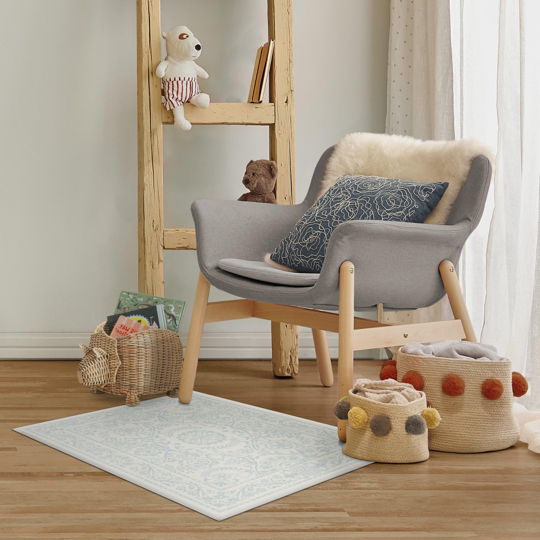 RUGGABLE Washable 2x3 Area Rug, Delphina Delft Blue, Premium Vintage Rugs for Living Room, Bedroom, Kitchen, Office, Classroom with Gripper Non Slip Pad