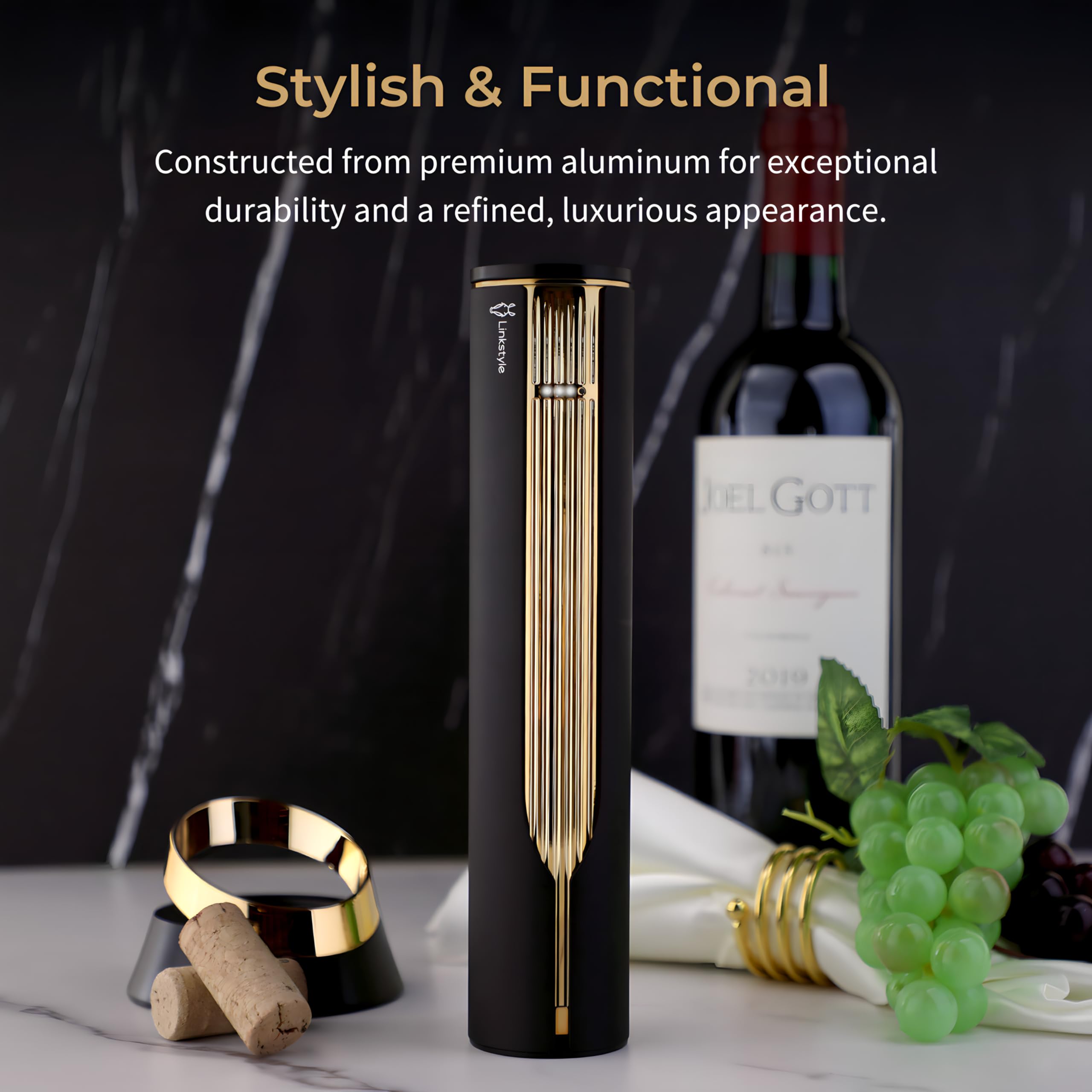 LINKSTYLE OPENERO Electric Wine Bottle Opener, Luxury Automatic Wine Corkscrew with Foil Cutter and Charging Base, Premium Metals with Elegant Gift Box, Home Bar Accessories for Wine Lovers, Gold