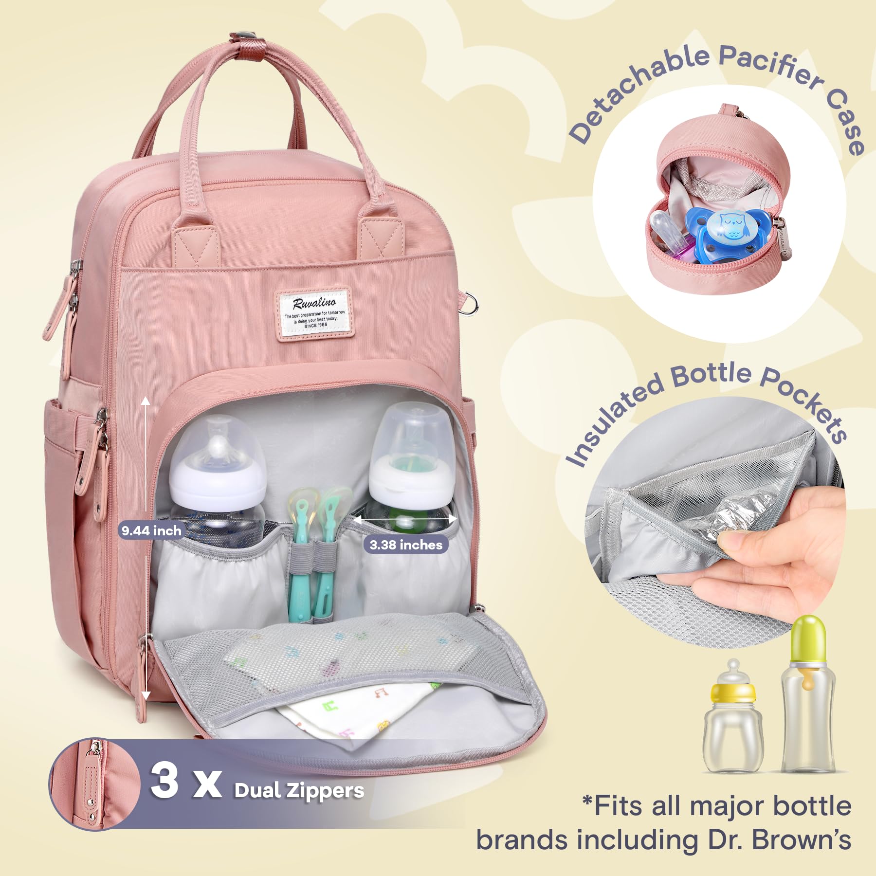 RUVALINO Diaper Bag Backpack, Multifunction Travel Pack Maternity Baby Changing Bags, Large Capacity, Waterproof, Beige
