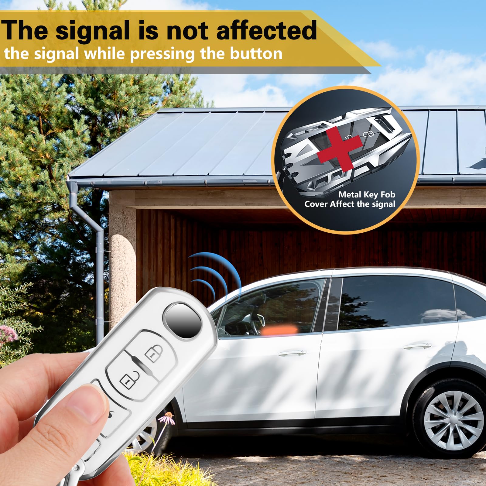 Cadillac Key Fob Cover with Metal Braided Rope Keychain, Upgraded Soft Key Case for 2015-2019 Escalade CTS SRX XT5 ATS STS CT6 (5 Button) (Gold Edge)