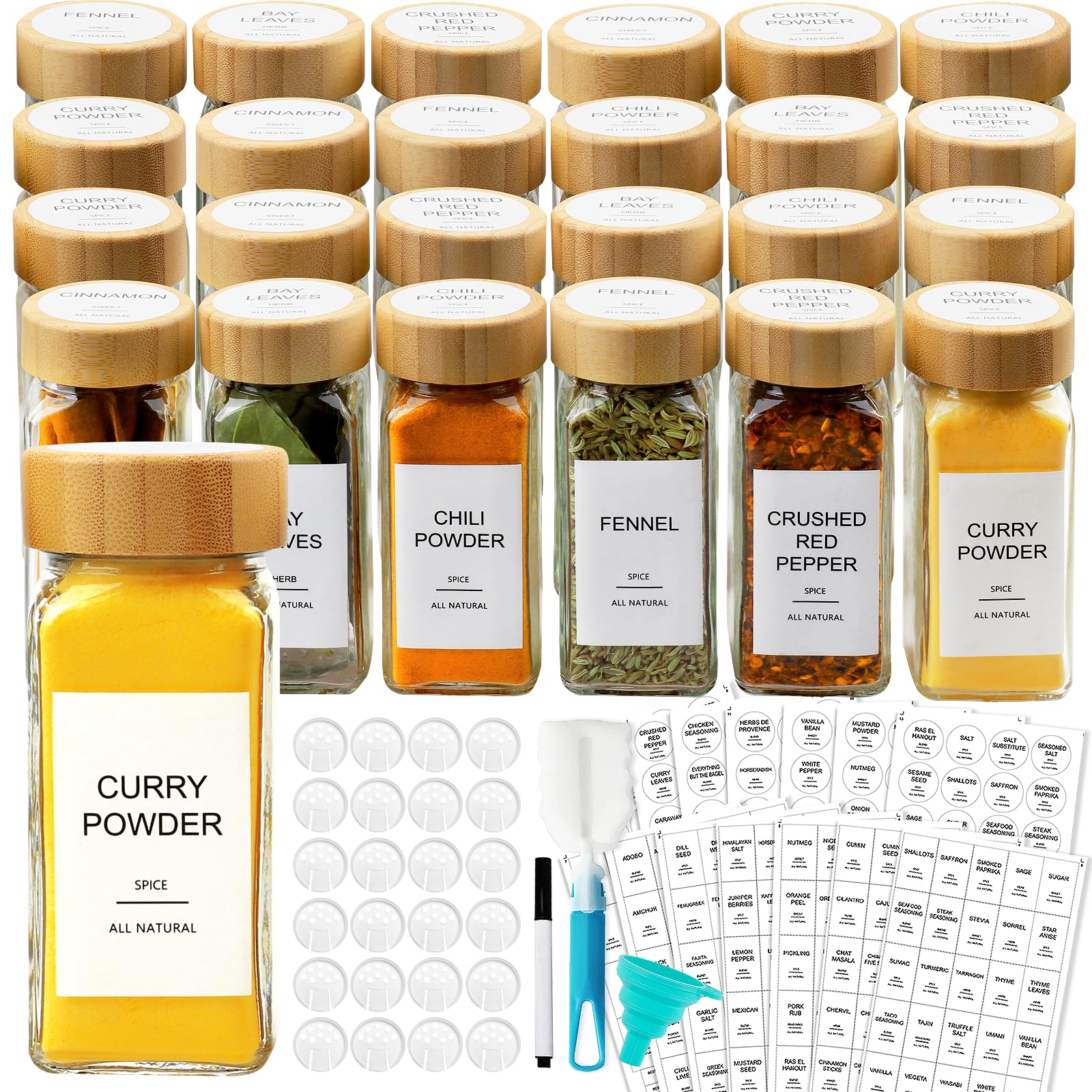 AISIPRIN 24 Pcs Glass Spice Jars with Bamboo Airtight Lids and 398 Labels, 4oz Empty Square Containers Seasoning Storage Bottles - Shaker Lids, Funnel, Brush and Marker Included