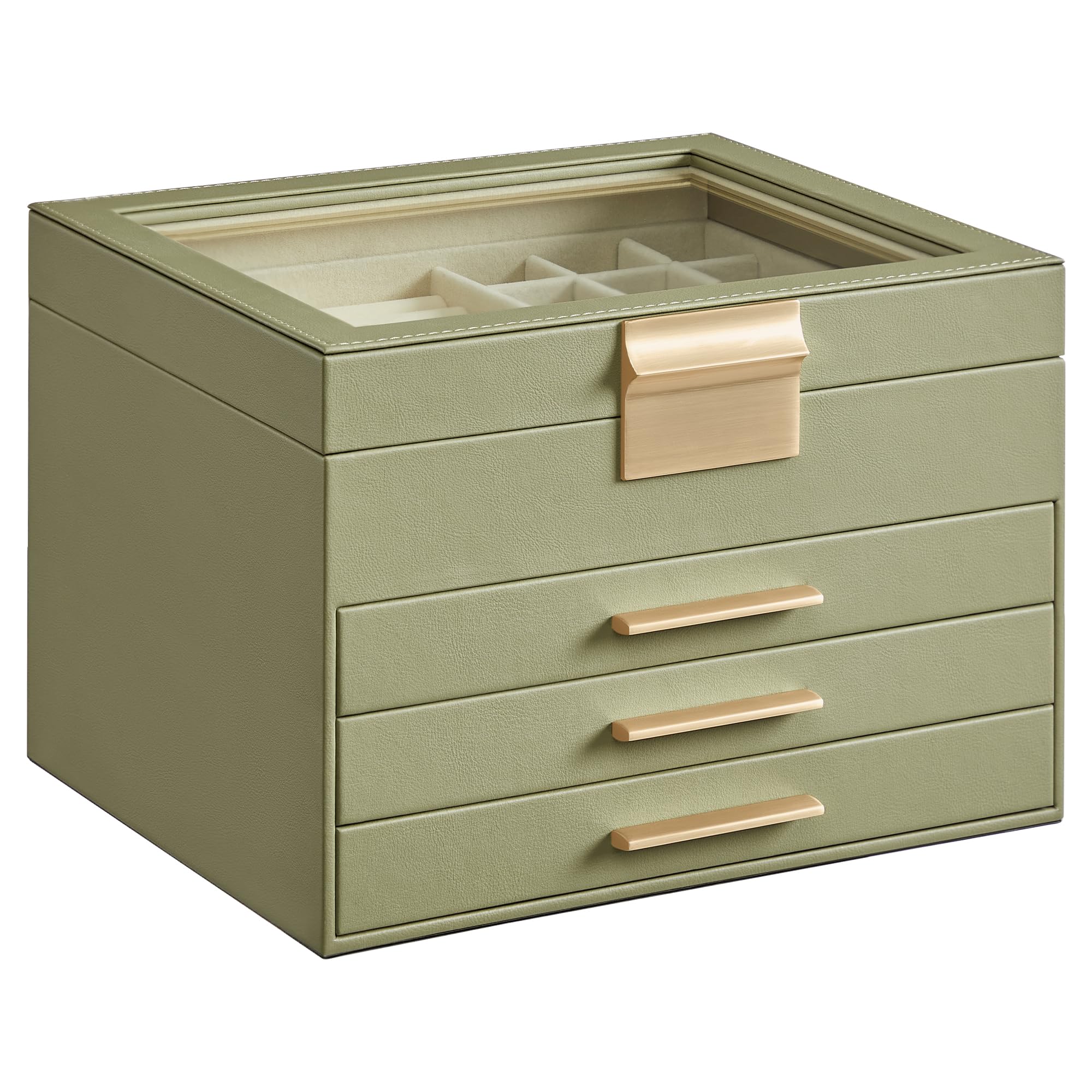 SONGMICS Jewelry Box with Glass Lid, 3-Layer Jewelry Organizer, 2 Drawers, for Big and Small Jewelry, Jewelry Storage, Modern Style, 8 x 9.1 x 5.3 Inches, Cloud White and Gold Color UJBC239WT