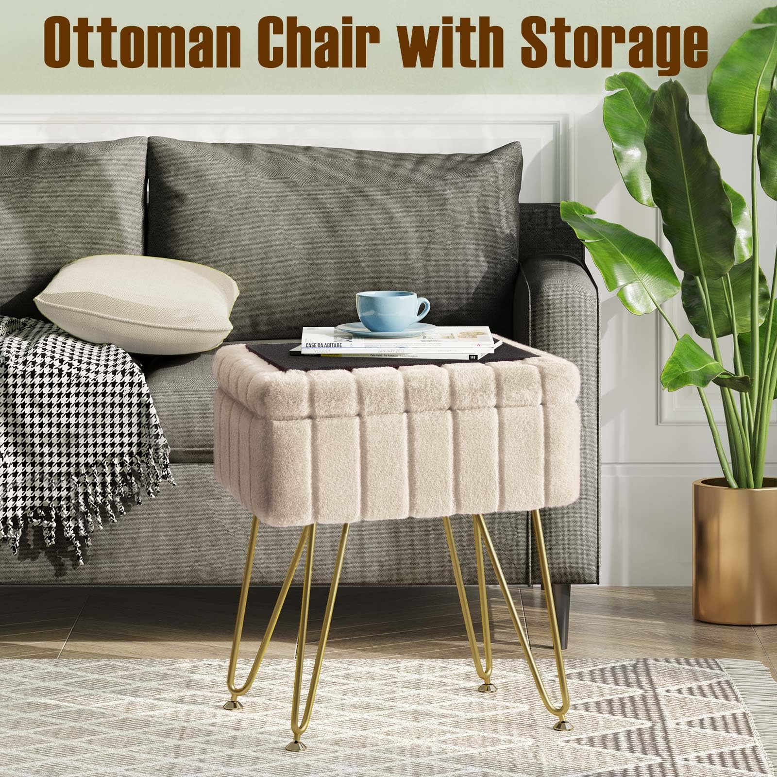 Greenstell Vanity Stool Chair Faux Fur with Storage, 19.4" H x 15.7" L x 11.8" W Soft Ottoman 4 Metal Legs with Anti-Slip Feet, Furry Padded Seat, Modern Multifunctional Chairs for Makeup, Bedroom