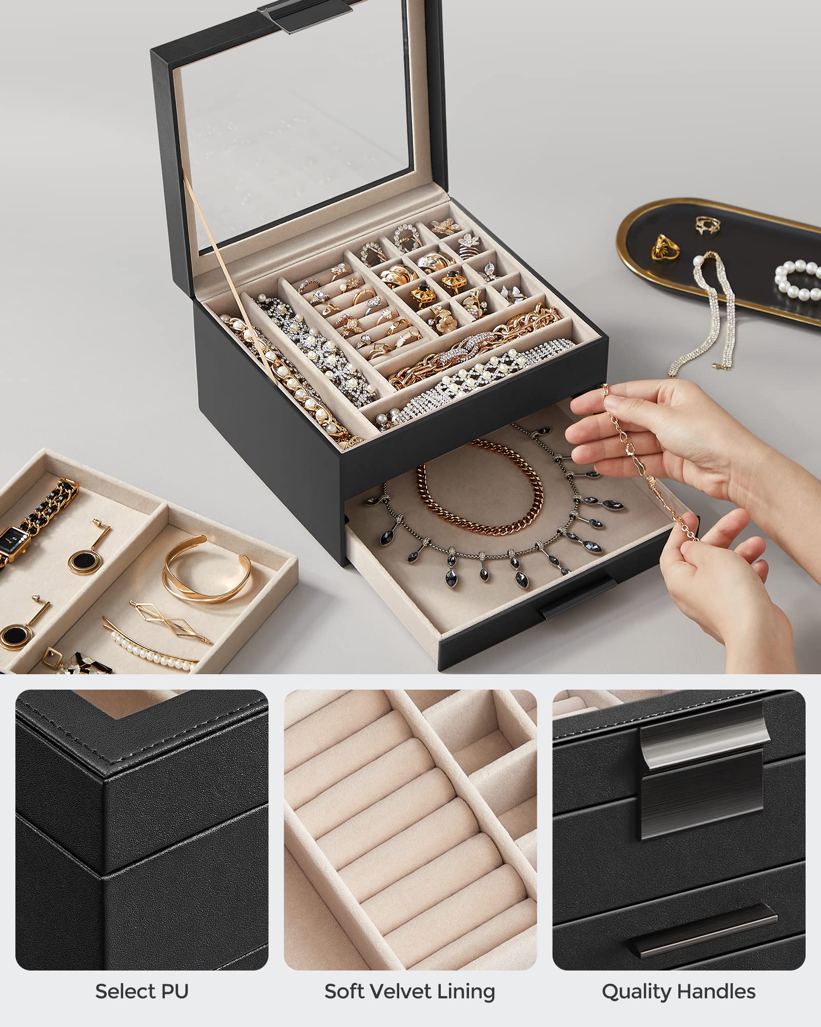 SONGMICS Jewelry Box with Glass Lid, 3-Layer Jewelry Organizer, 2 Drawers, for Big and Small Jewelry, Jewelry Storage, Modern Style, 8 x 9.1 x 5.3 Inches, Cloud White and Gold Color UJBC239WT