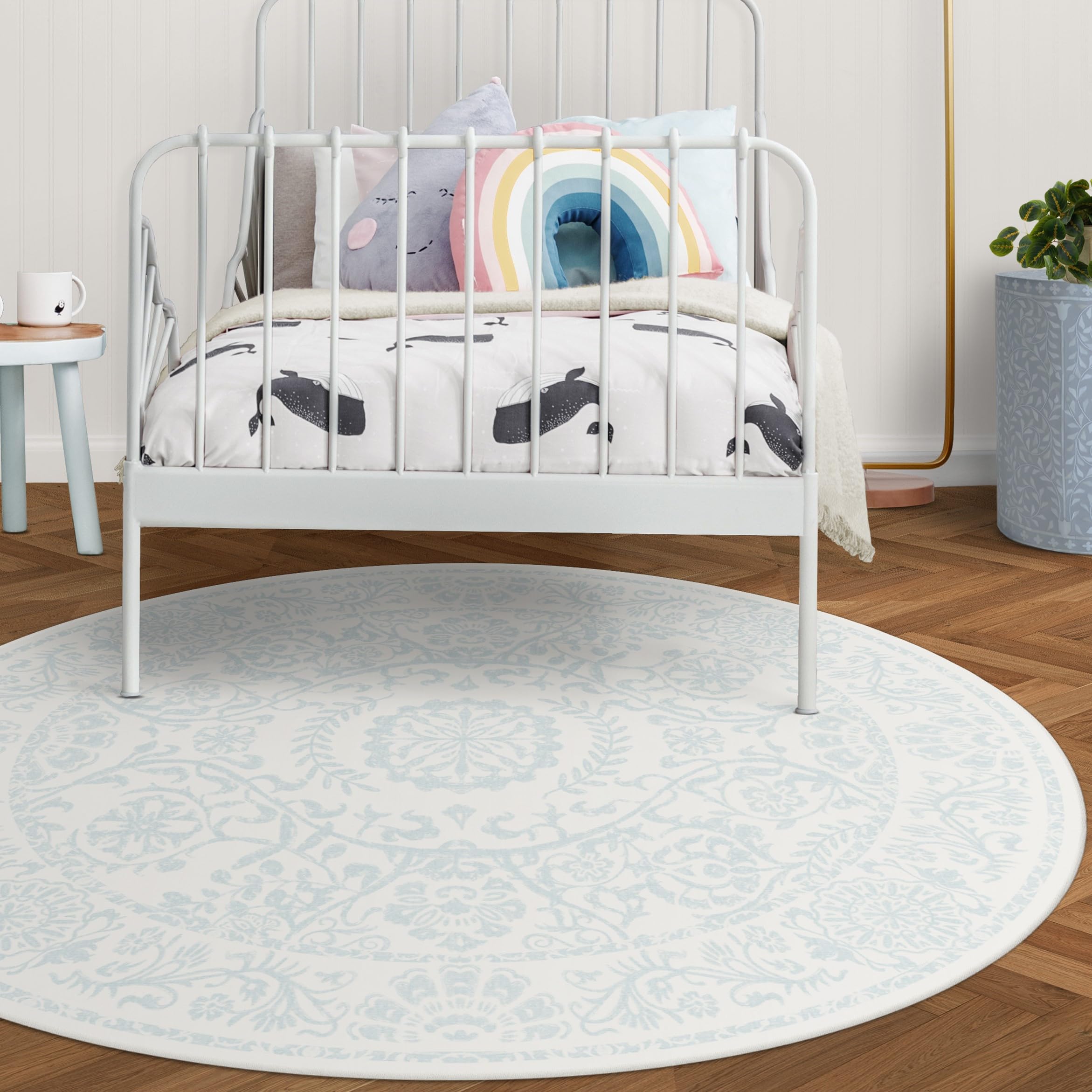 RUGGABLE Washable 2x3 Area Rug, Delphina Delft Blue, Premium Vintage Rugs for Living Room, Bedroom, Kitchen, Office, Classroom with Gripper Non Slip Pad