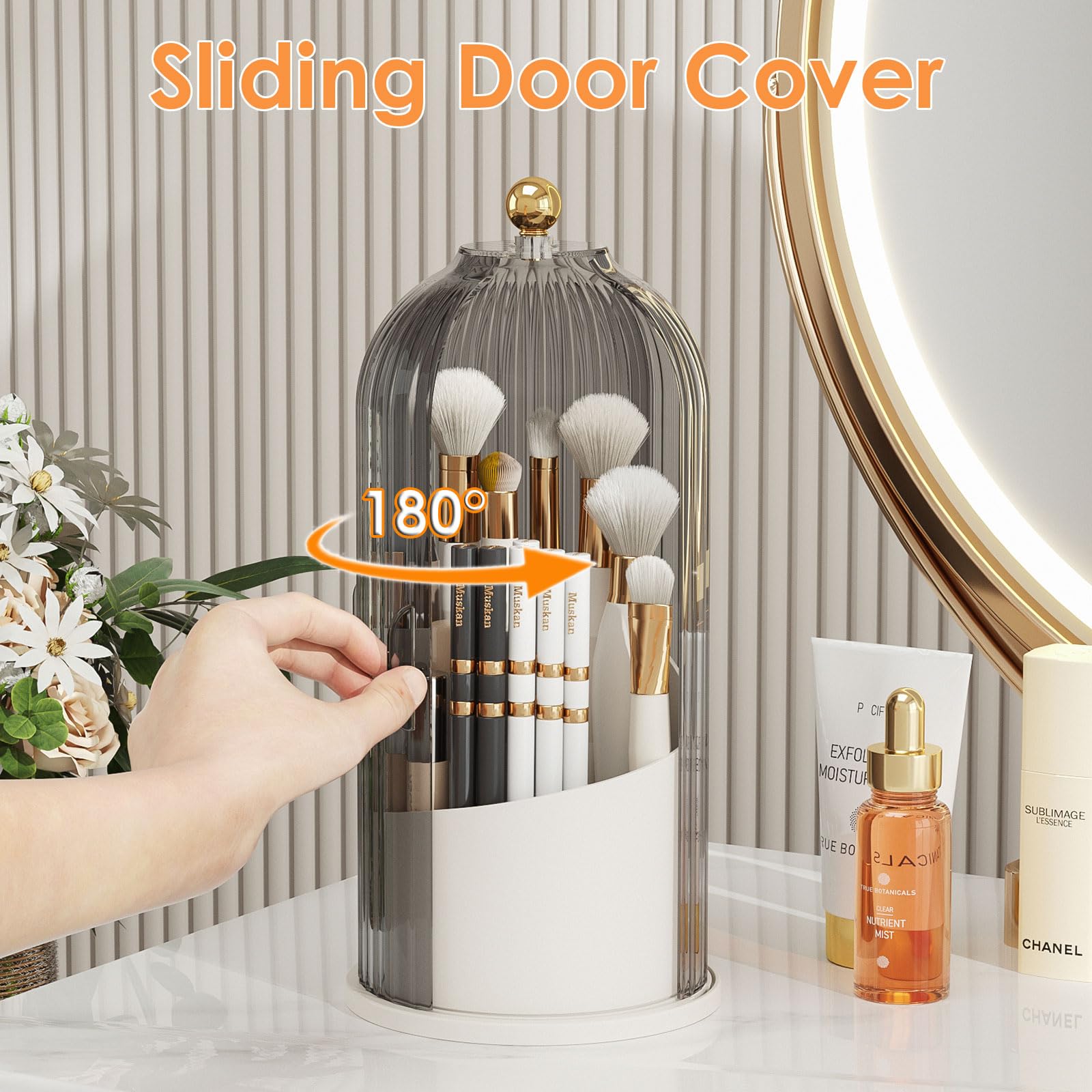 Makeup Brush Holder Organizer with Lid,360 Rotating Clear Dustproof Makeup Brushes Organizer for Vanity Desktop Bathroom Countertop (Transparent)