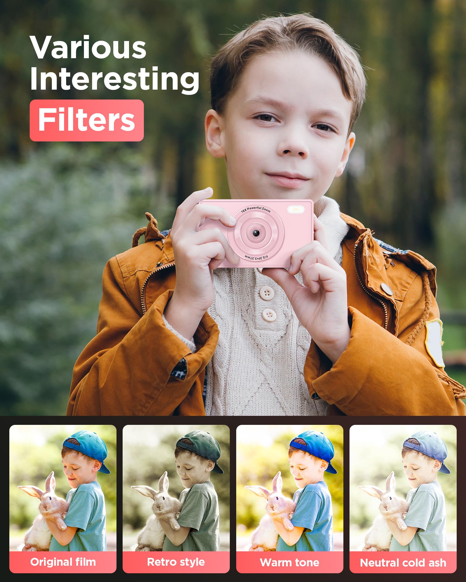 64GB Digital Camera for Kids: 48MP Anti-Shake Camera Photography Vlogging Camera for YouTube 16X Digital Zoom Photo Filtration Continuous Shooting Self-Timer Autofocus Compact Camera