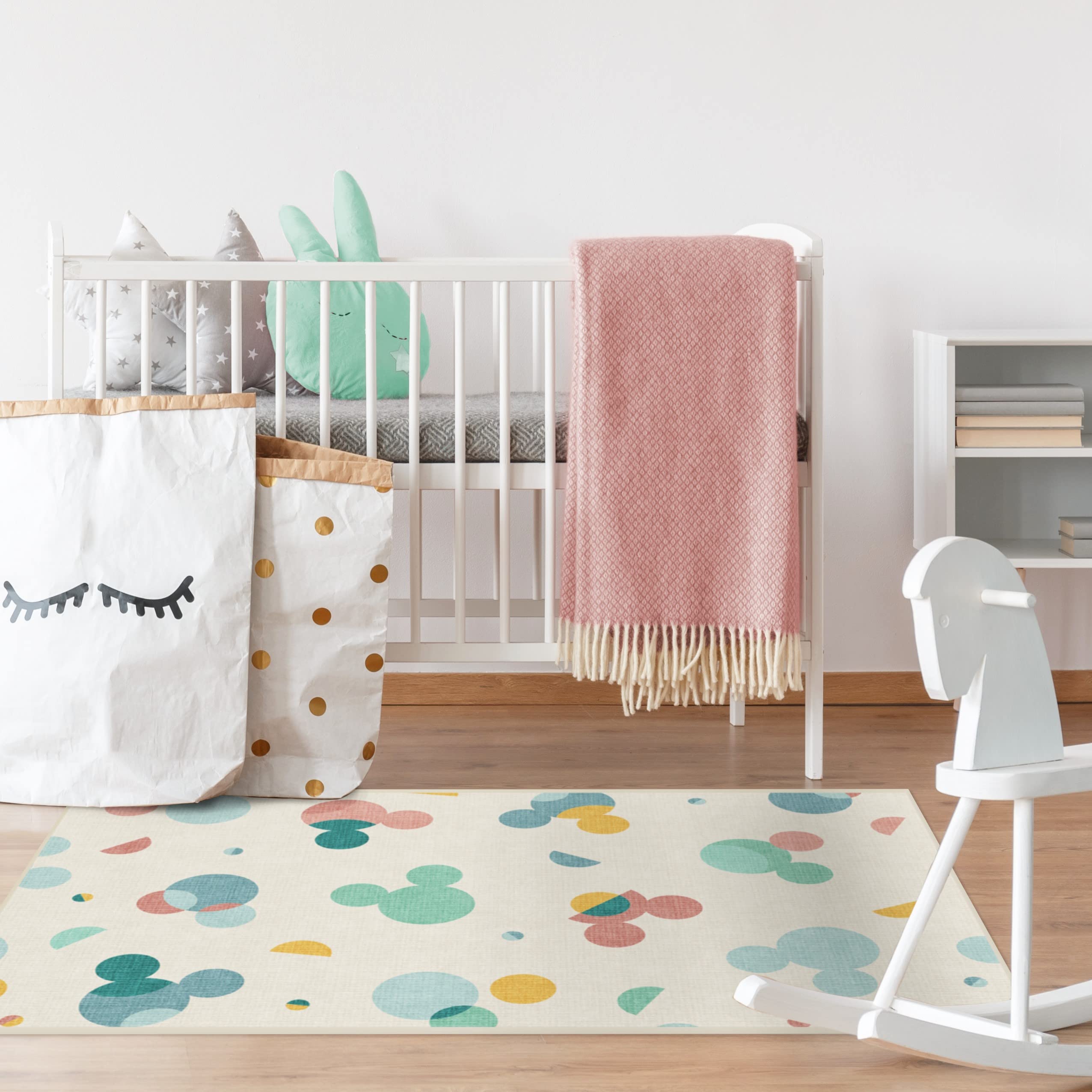 RUGGABLE Disney Classic Minnie Mouse Washable Rug - Perfect Area Rug for Nursery Playroom Kids Room - Pet & Child Friendly - Stain & Water Resistant - Trellis Pink 5&